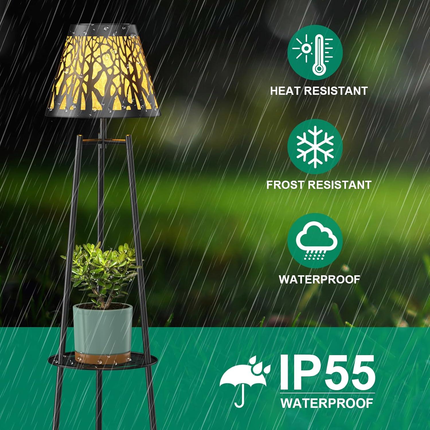 2 Pack 45.5'' Outdoor Floor Lamps with 2 Tier Plant Stand, Solar Powered Metal Waterproof Lights for Patio Deck Yard Garden Porch Decor