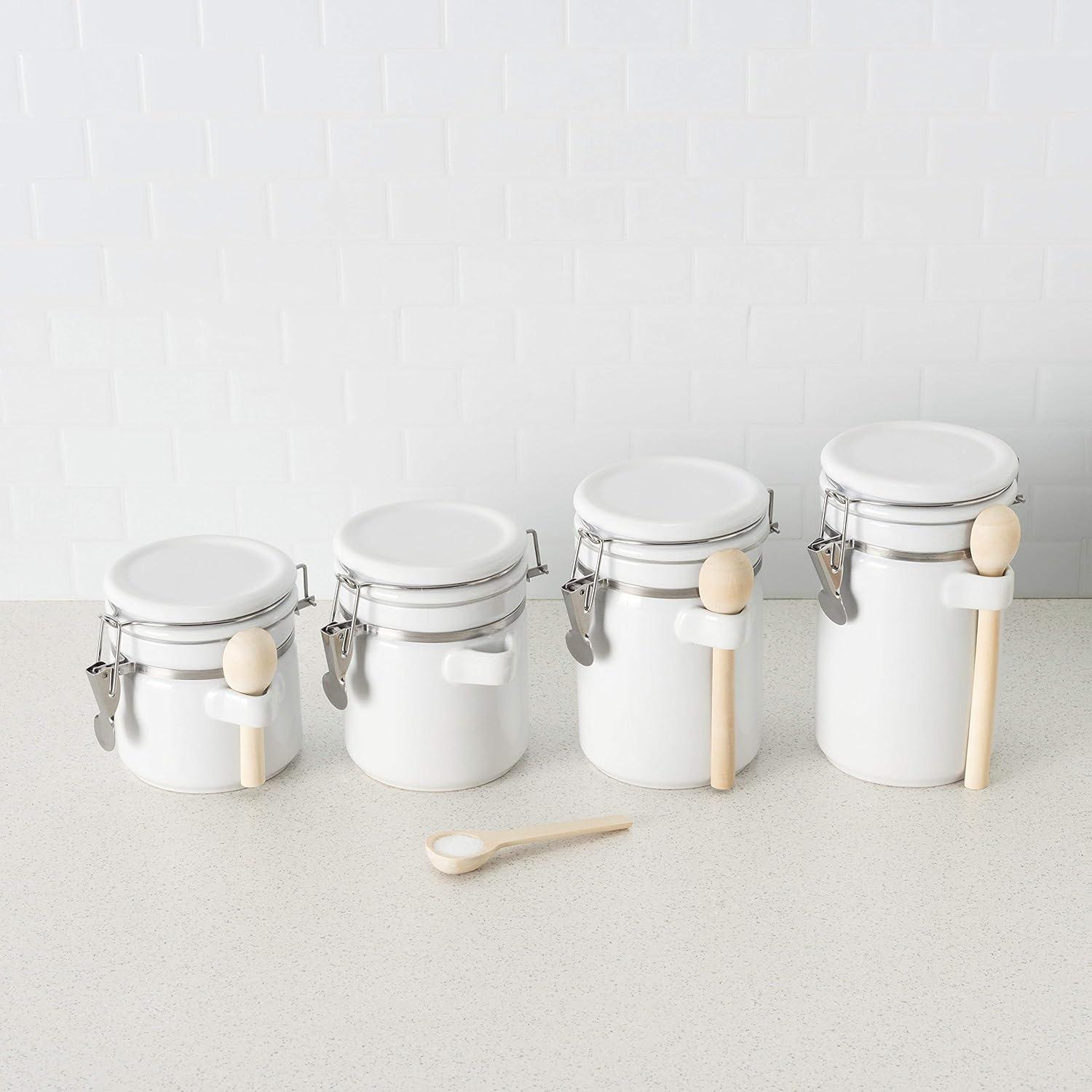 Canister Sets For The Kitchen (4 Piece Set) White, High Gloss Ceramic | By Home Basics | Decorative| With Wooden Spoons, Countertop Set For Flour, Sugar, Coffee, and Snacks