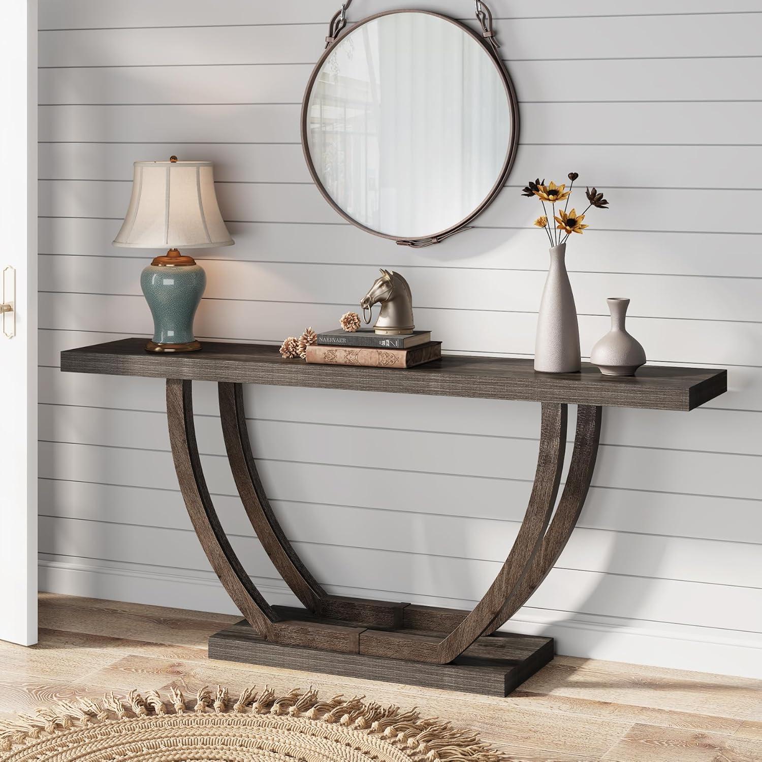 Resenkos Entryway Table, Console Sofa Table,63" Farmhouse Console Table, 2-Tier Entryway Sofa Table Gray