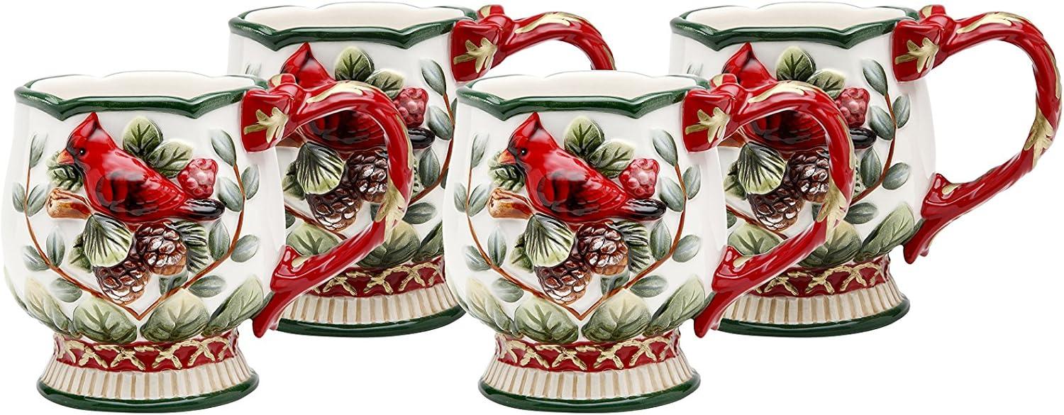 Holiday Red and Green Ceramic Cardinal Mugs Set of 4