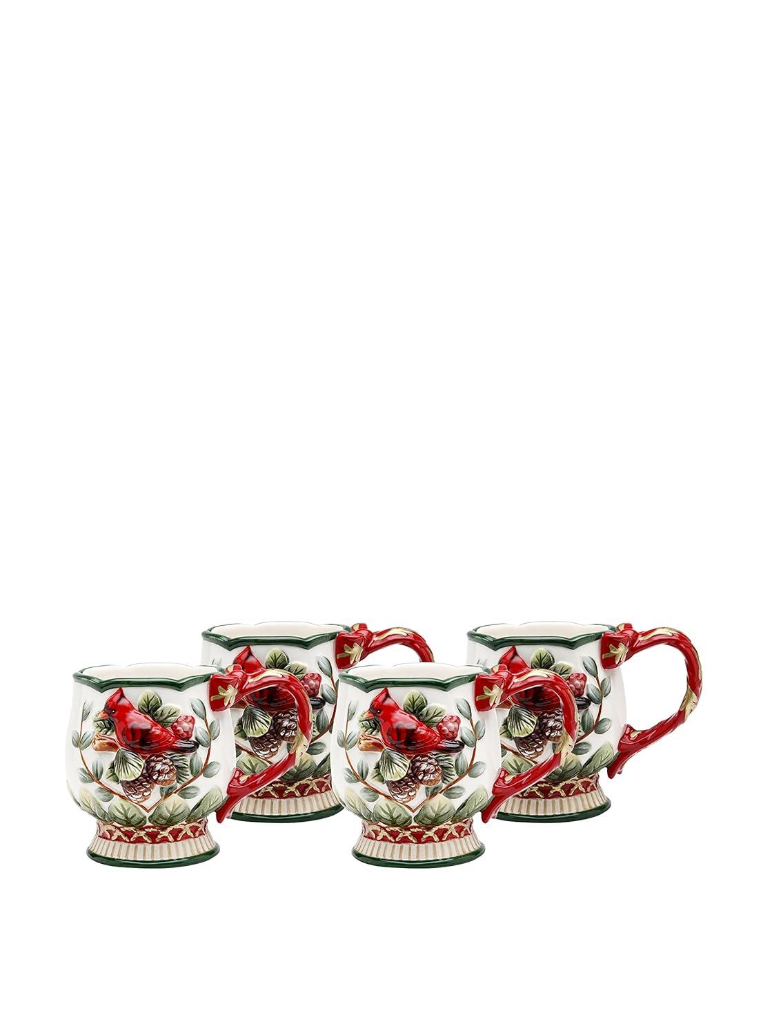 Kevins Gift Shoppe Ceramic Christmas Robin Bird Mugs (Set Of 4)