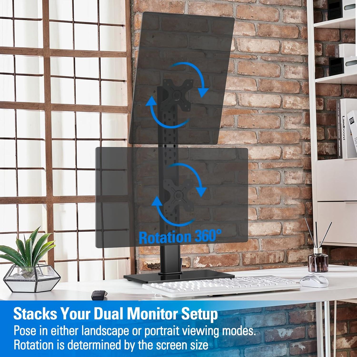 MOUNTUP Vertical Dual Monitor Stand, Stack Two Screens up to 32 inches,33 Lbs, Free-Standing Monitor Desk Mount, Monitor Riser with Swivel, Tilt, Height Adjustable, VESA Stand 100 x 100mm, 75 x 75mm