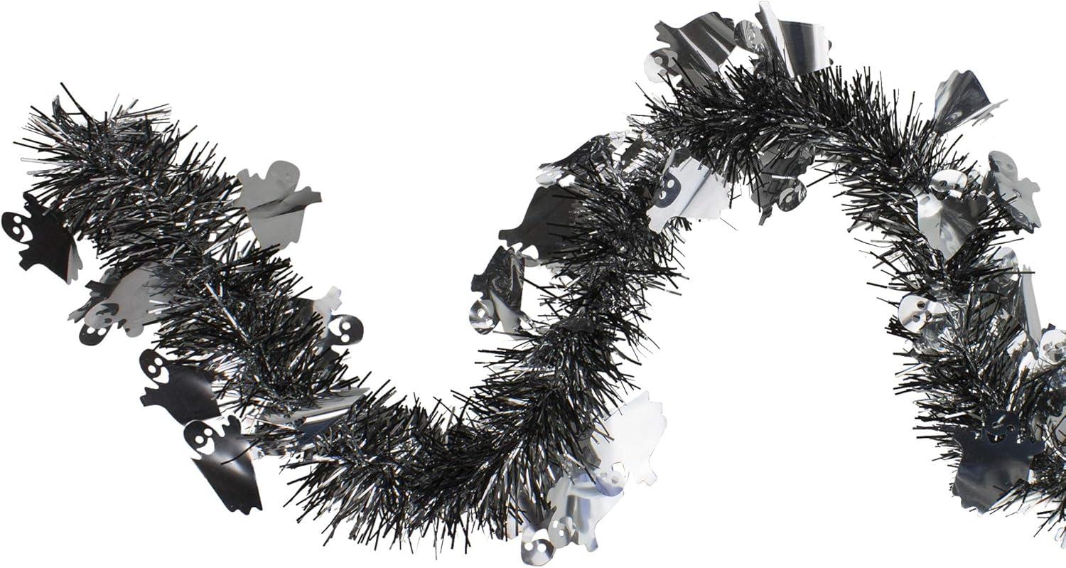 50-Foot Black and Silver Halloween Tinsel Garland with Ghosts