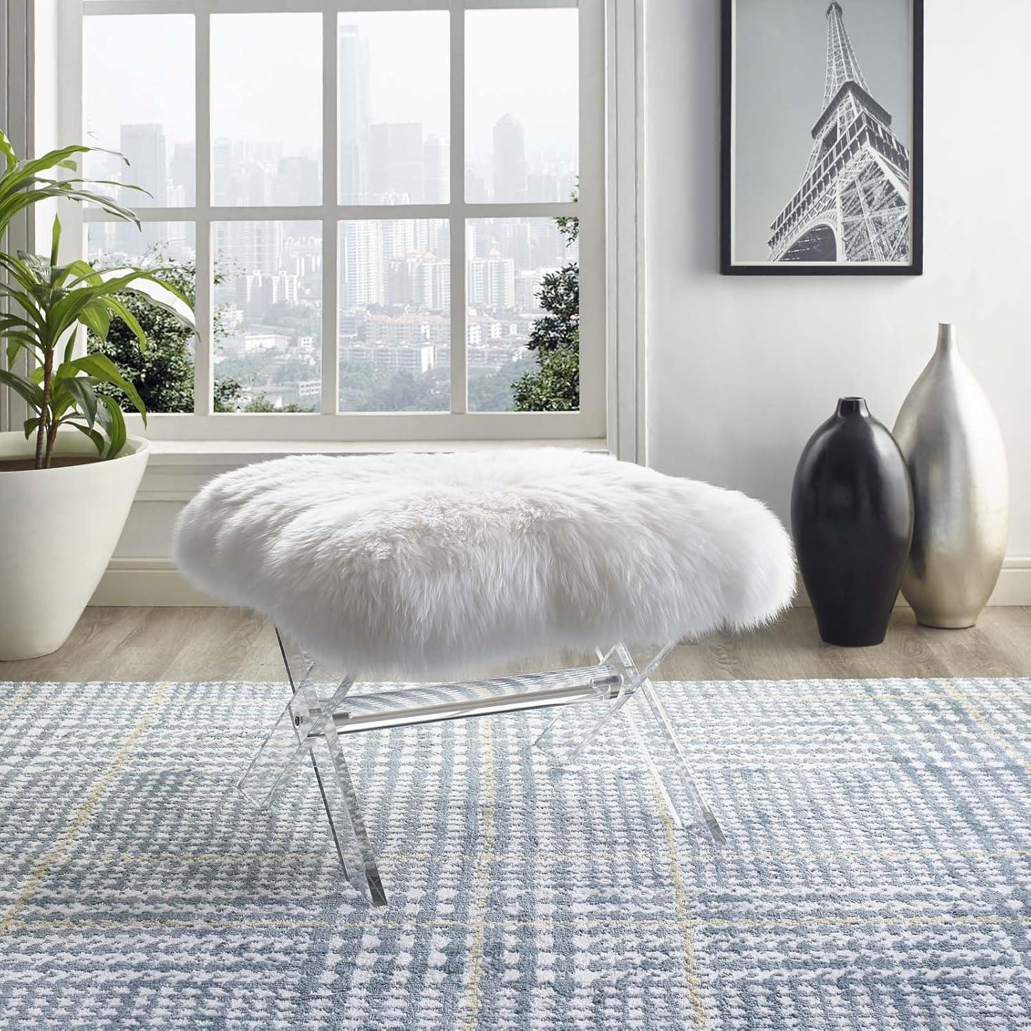 Chic Luxe Clear Acrylic and Pure White Sheepskin Bench