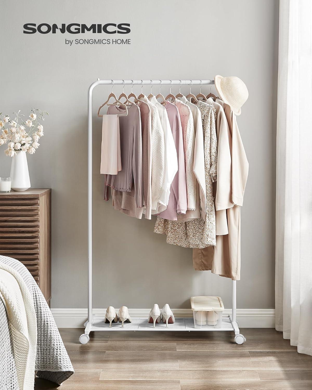 White Metal Freestanding Clothes Rack with Mesh Shelf and Wheels