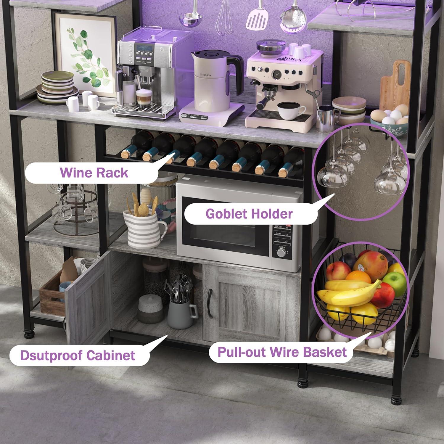 Ataucjin 55" 5-Tier Bakers Rack With Power Outlet And LED Light Kitchen Microwave Stand Farmhouse Coffee Bar Cabinet With Storage Shelf 10 Hooks Wire Basket Wine Rack For Spices Pots Pans