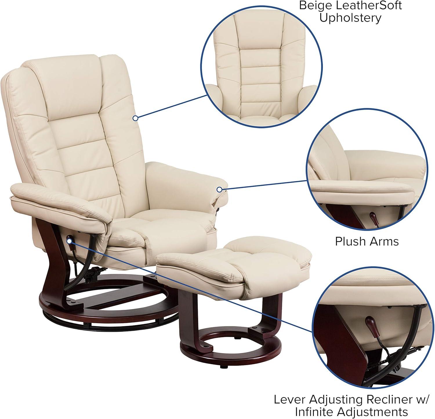 Flash Furniture Bali Contemporary Multi-Position Recliner with Horizontal Stitching and Ottoman with Swivel Mahogany Wood Base in Beige LeatherSoft