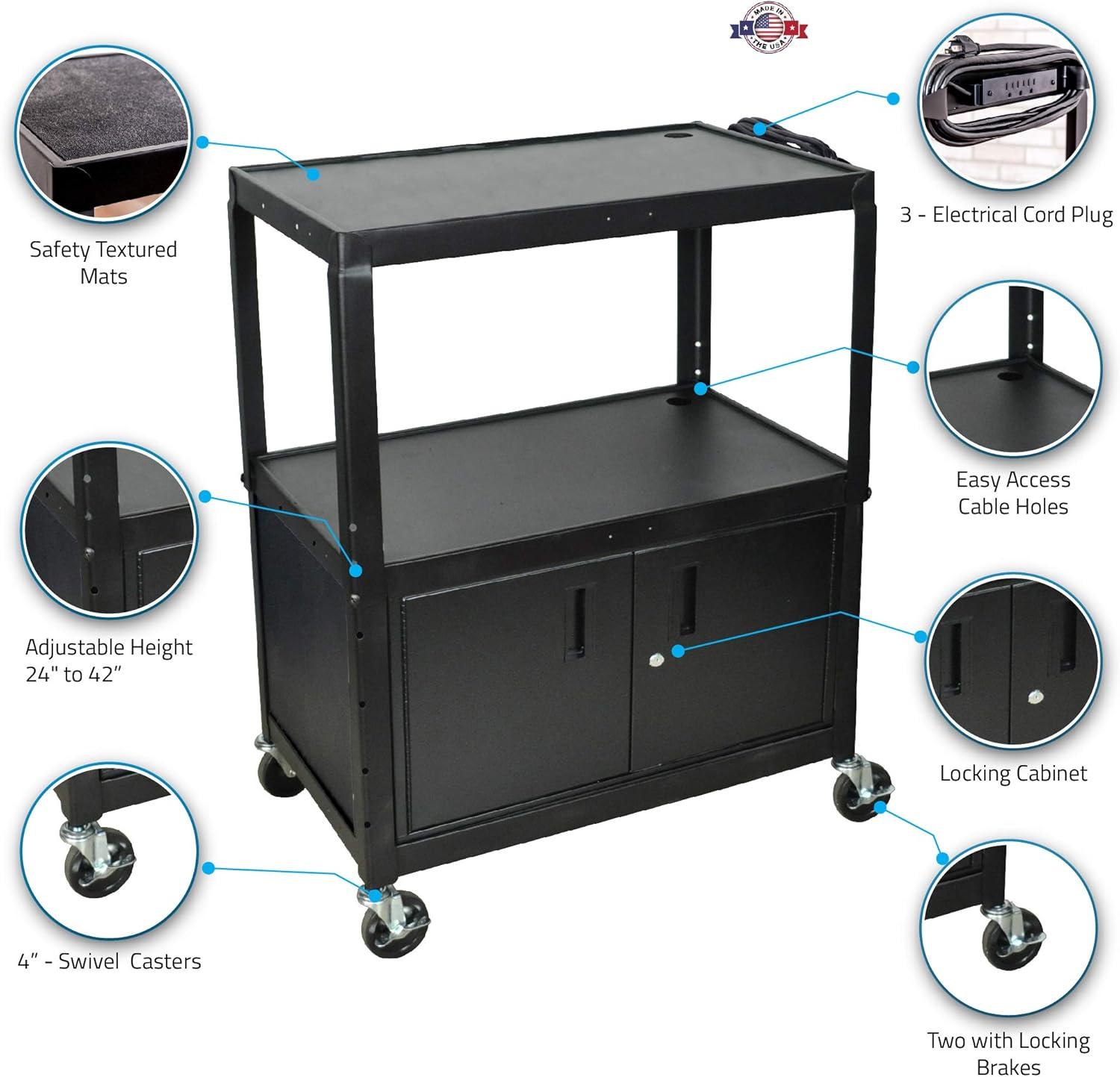 Black Adjustable Height Steel Projector Cart with Locking Cabinet