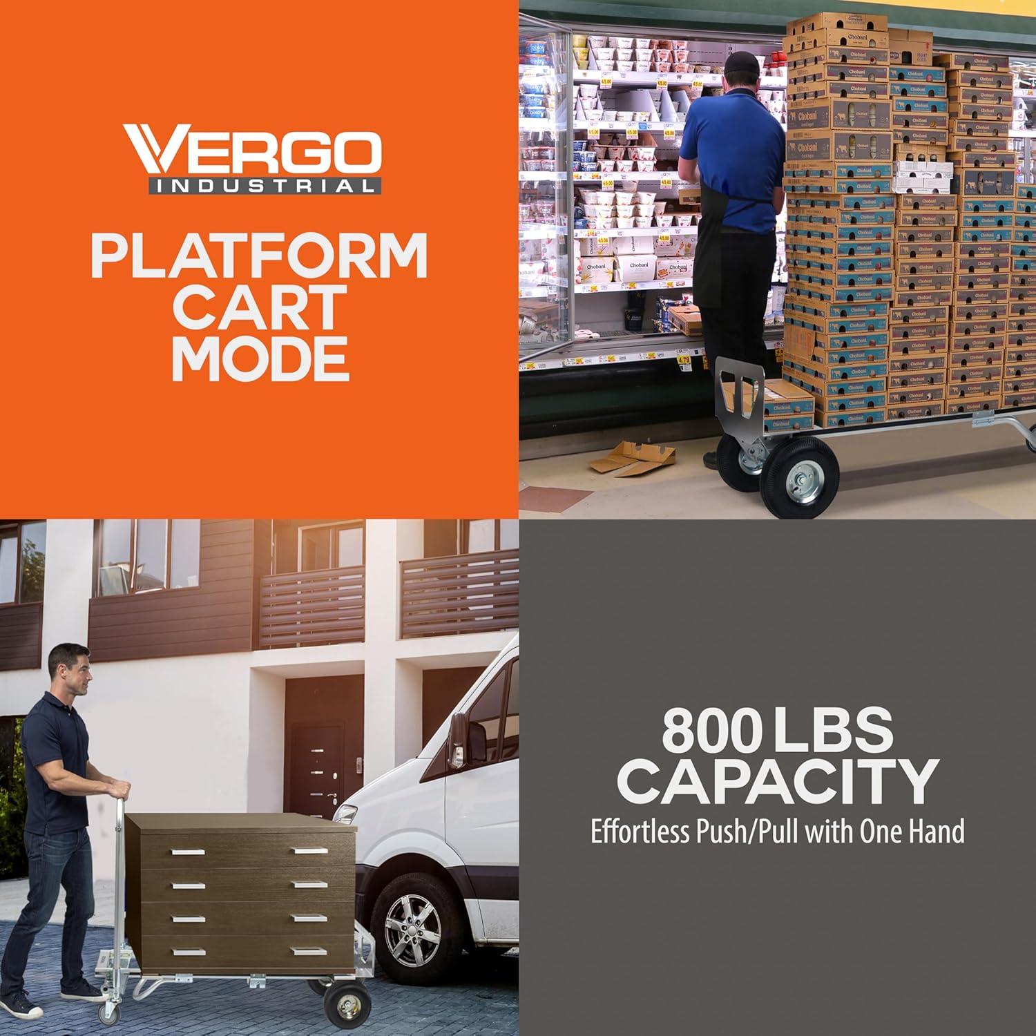 Vergo Industrial AS7B Aluminum Convertible Hand Truck Dolly Cart with Loop Handle 800 lbs Capacity (2 Positions, 63" High)