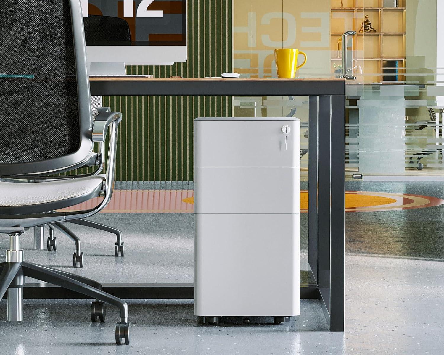 White Steel Mobile 3-Drawer Lockable Filing Cabinet