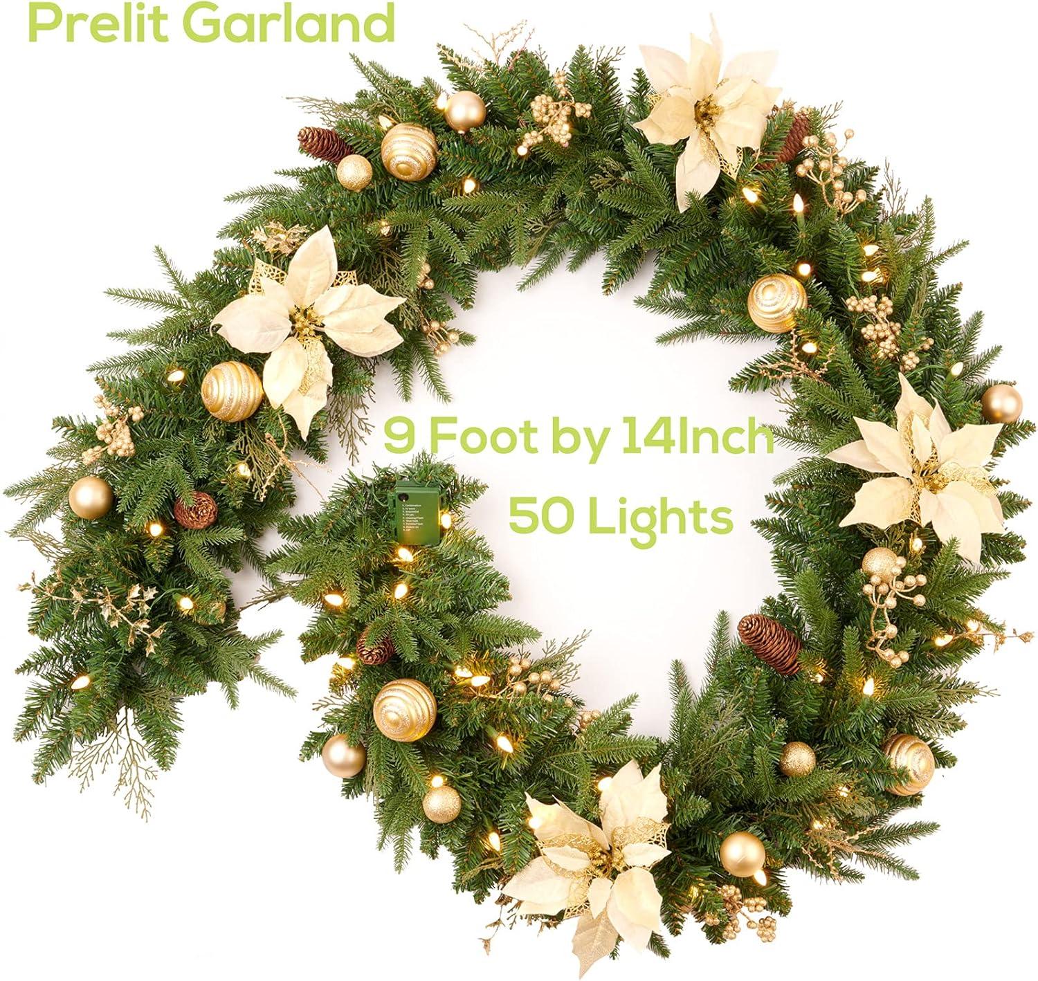 9FT Pre-Lit Christmas Garland with Gold Berries, Balls, Pine Cones, and Golden Flowers