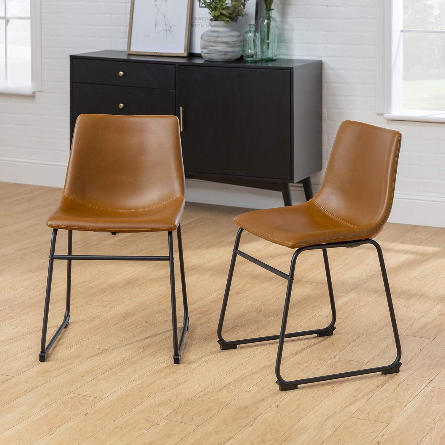 Whiskey Brown Faux Leather & Brushed Metal Dining Chair, Set of 2