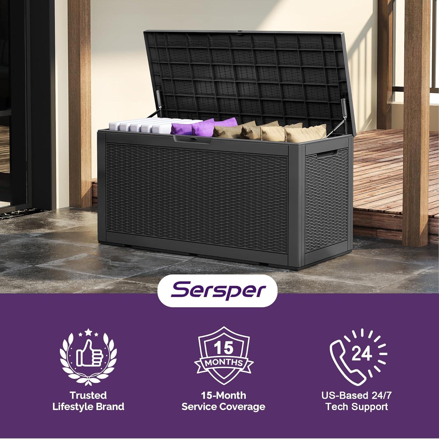 Sersper Deck Box 100 Gallon Black, Waterproof Lockable Steel Outdoor Storage Box for for Patio Furniture, Pool Toys, Garden Tools and Outdoor Cushions