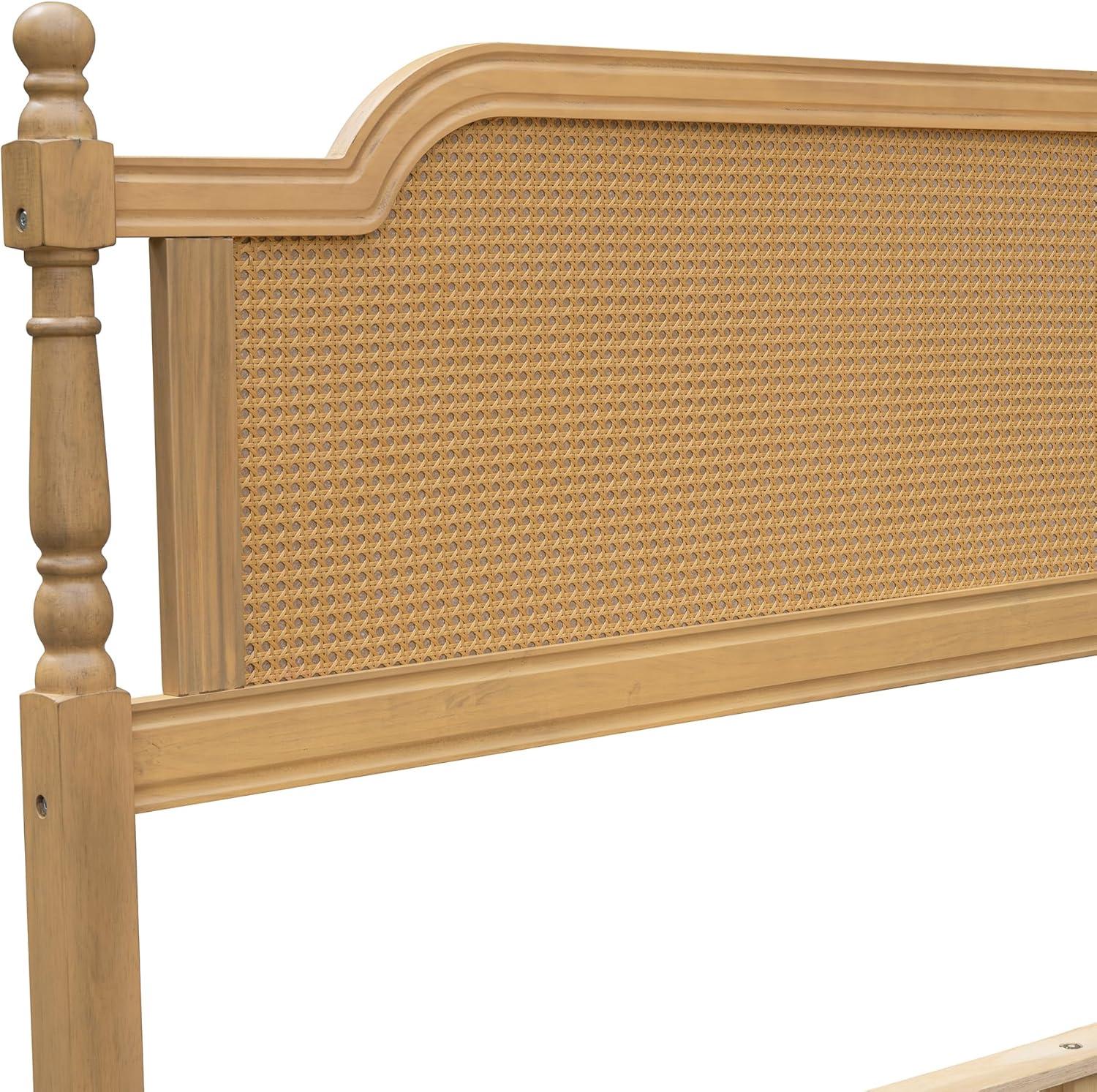 Traditional Style Rattan King Size Platform Bed Frame, Wooden Bed Frame with Rattan Headboard and Footboard, Wood Slat Support, No Box Spring Needed, Easy Assembly (Antique Walnut,310)
