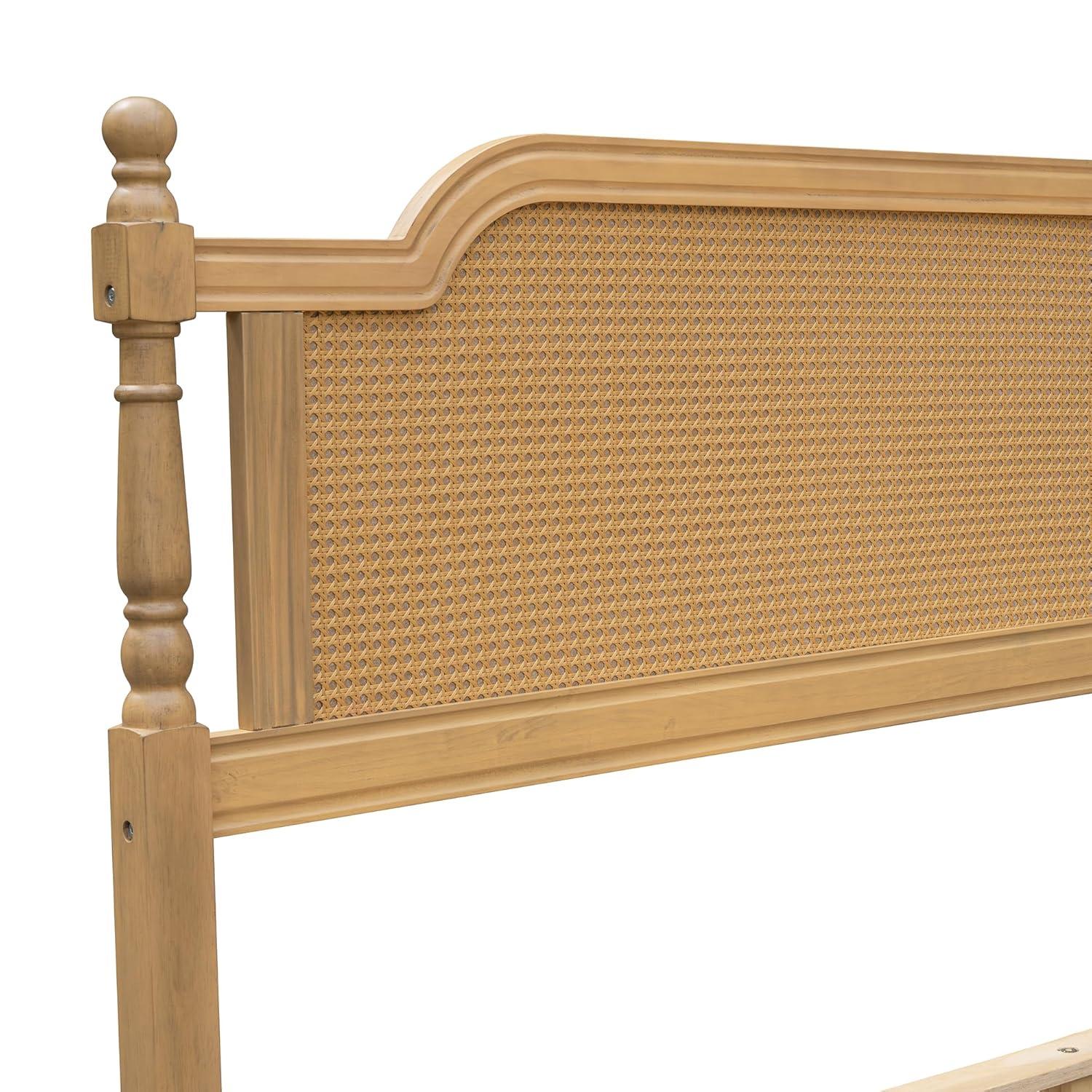 Traditional Style Rattan King Size Platform Bed Frame, Wooden Bed Frame with Rattan Headboard and Footboard, Wood Slat Support, No Box Spring Needed, Easy Assembly (Antique Walnut,310)