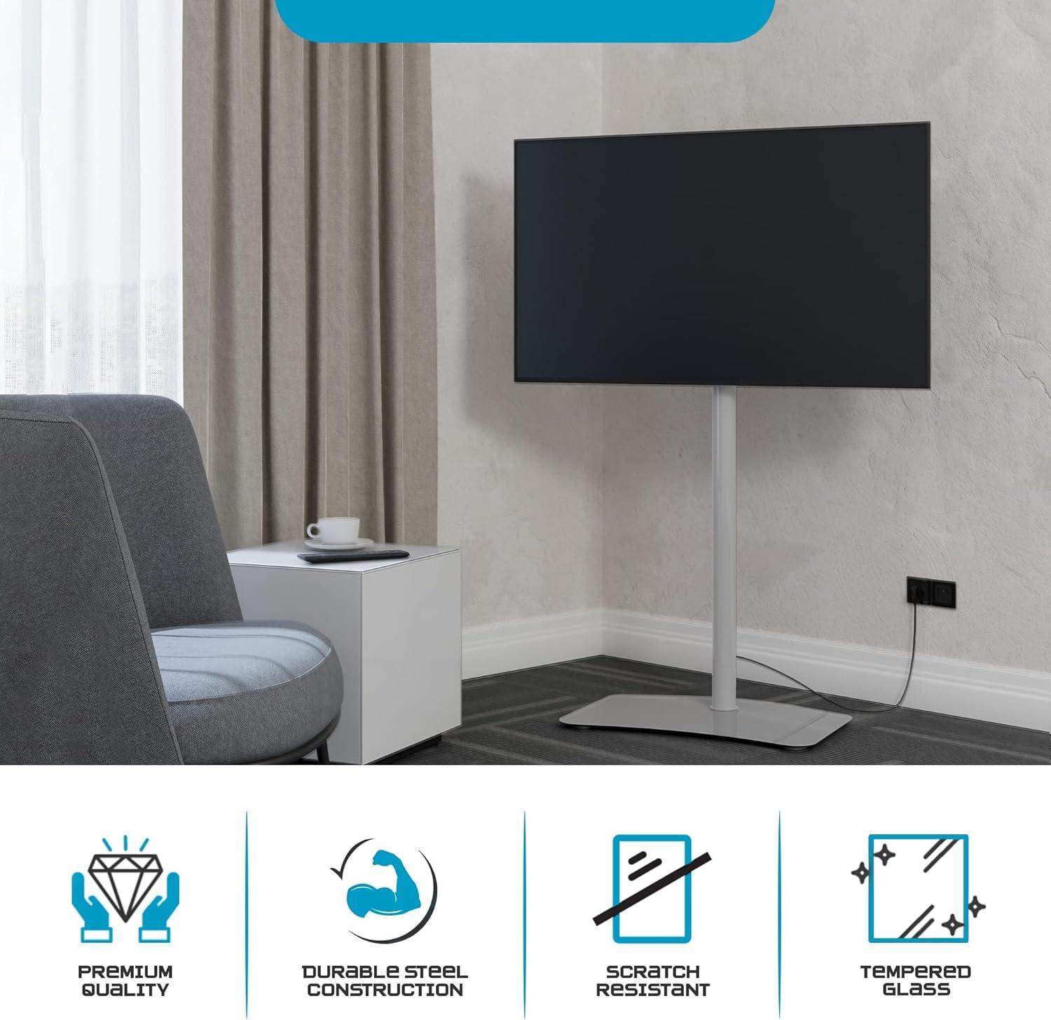 SONOROUS TV Stand PL2800 WHT for Up to 65 Inches TV - Floor Stand TV Bracket for LCD, LED & Flat Screen - Fixed TV Stand with Tempered Glass Base, 45 Degree Swivel & Wire Management - White