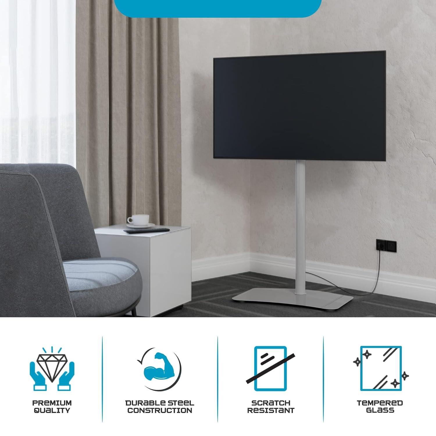 SONOROUS TV Stand PL2800 WHT for Up to 65 Inches TV - Floor Stand TV Bracket for LCD, LED & Flat Screen - Fixed TV Stand with Tempered Glass Base, 45 Degree Swivel & Wire Management - White