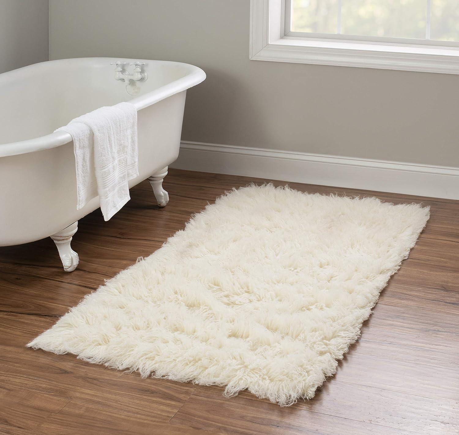 Ebern Designs Aaiden Flokati Wool Shag Hand Loomed Ivory Rug