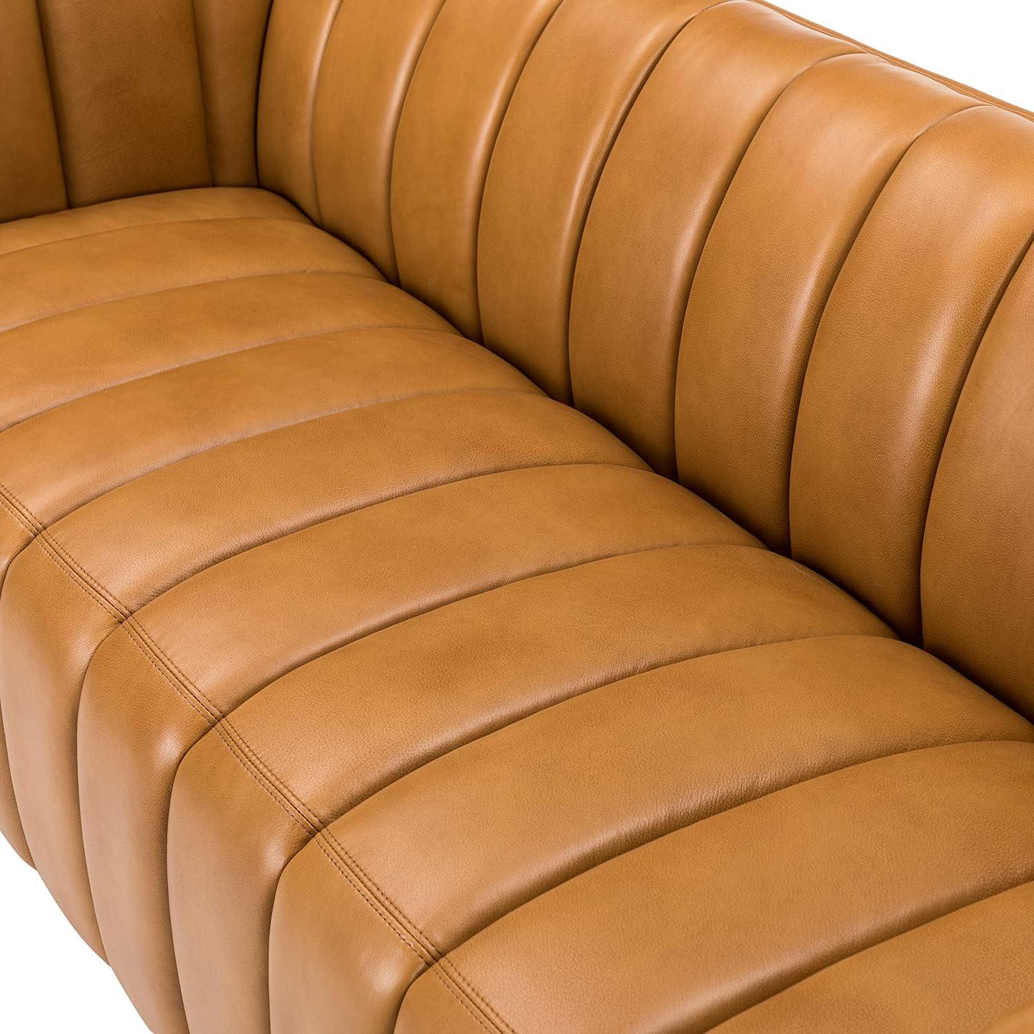 HULALA HOME 83" Genuine Leather Sofa with Channel Tufted Design, 3-Seater Sofa for Living Room Bedroom, Modern Oversized Couch with Wood Legs, Camel