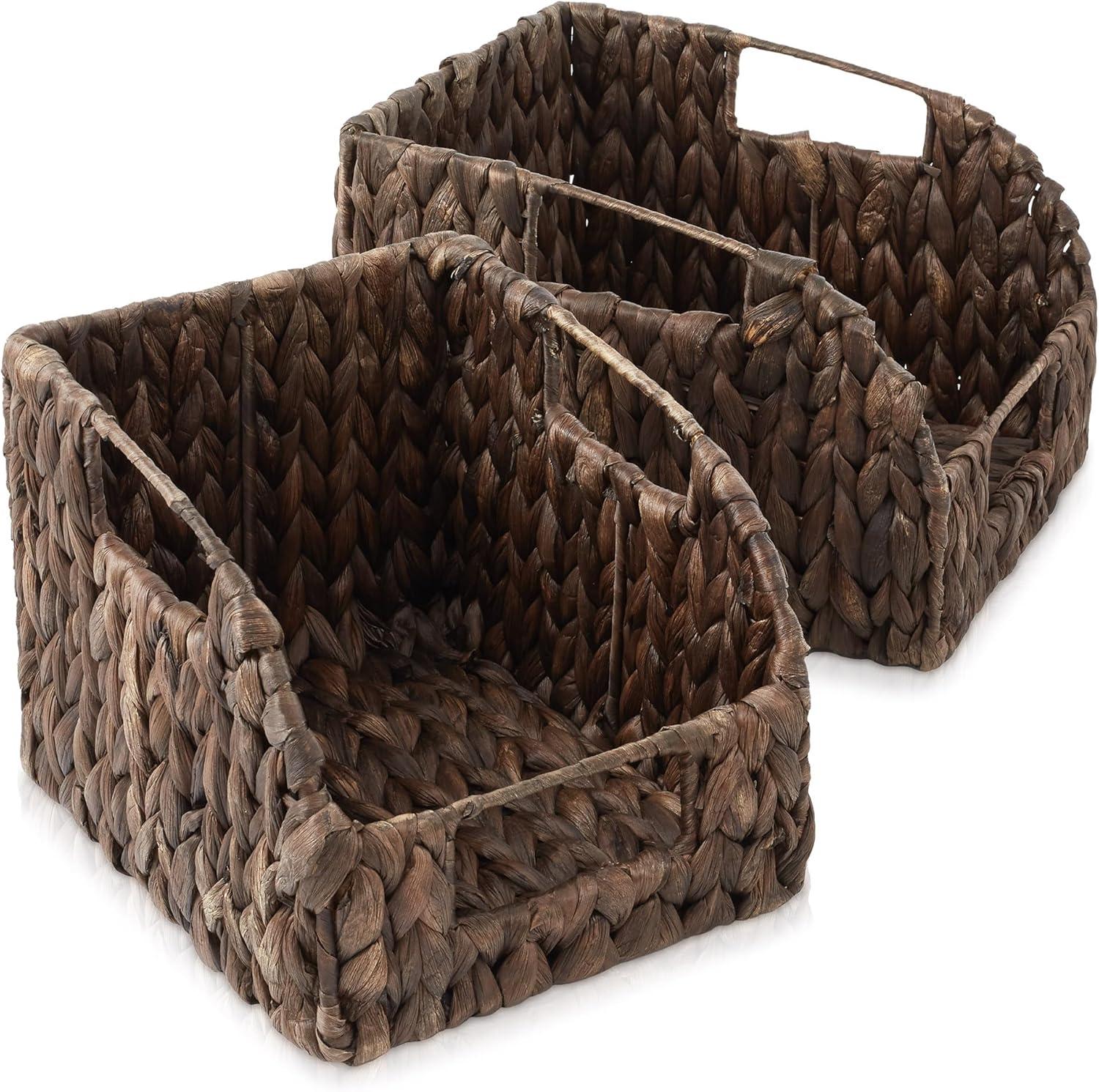 Casafield (Set of 2) Water Hyacinth Pantry Baskets with Handles, Medium and Large Size Woven Storage Baskets for Kitchen Shelves