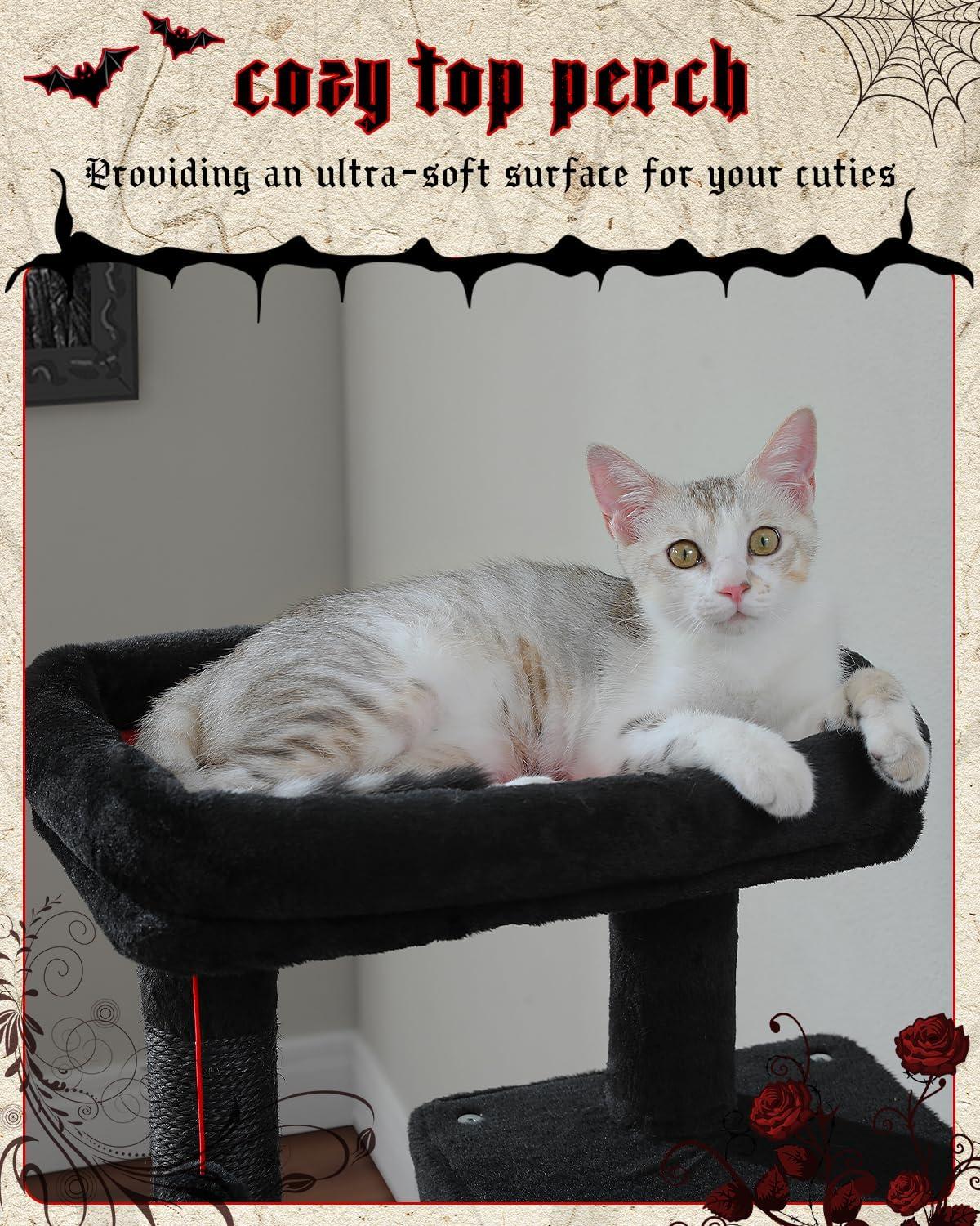 Gothic Cat Tree With Super Large Hammock, 45.7"  Cat Tower With Coffin Bed, Cat Condo, Sisal Scratching Posts & Top Perch, Multi-Level Goth Cat Tree, Halloween