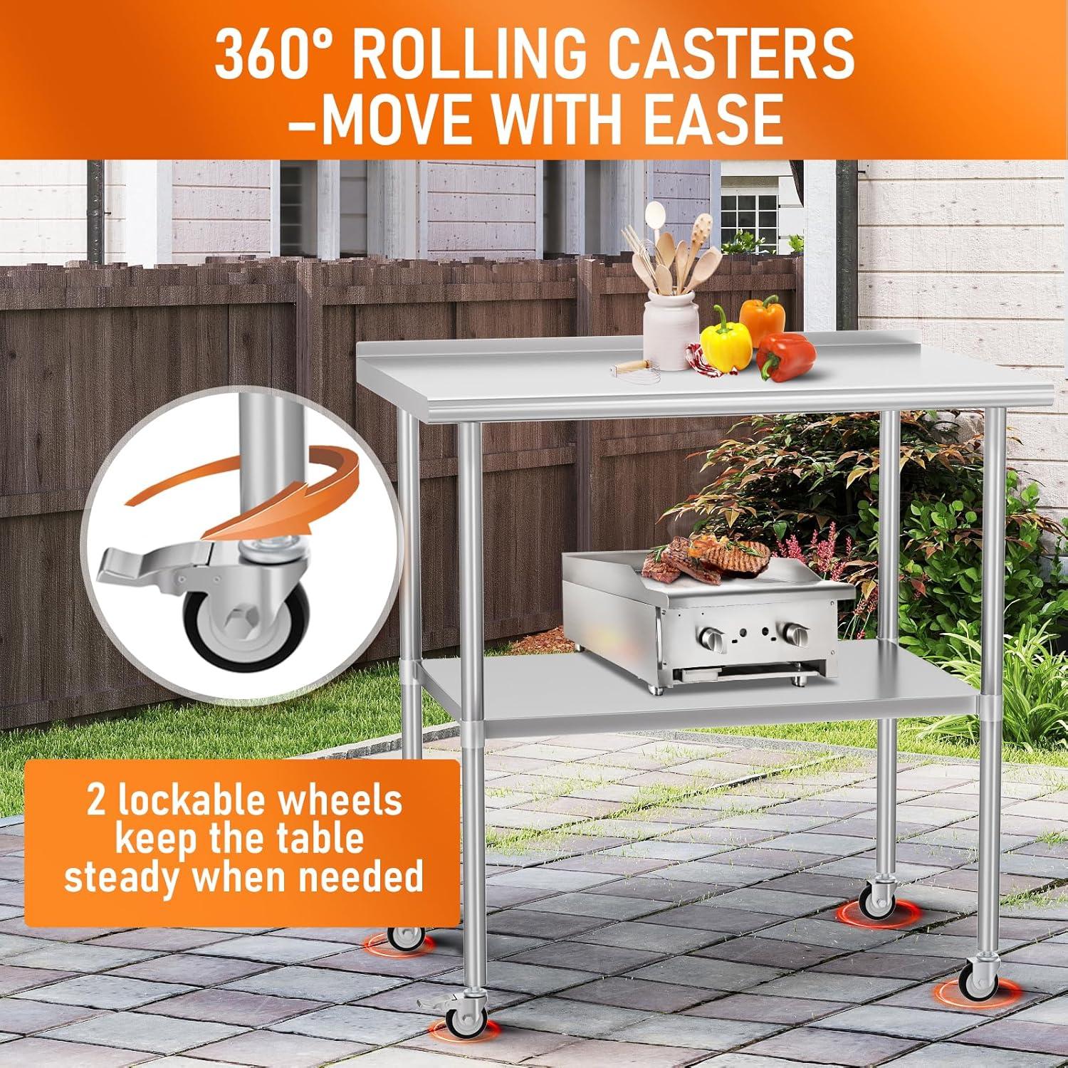 36"x24" Stainless Steel Kitchen Work Prep Table Commercial Workbench With Wheels