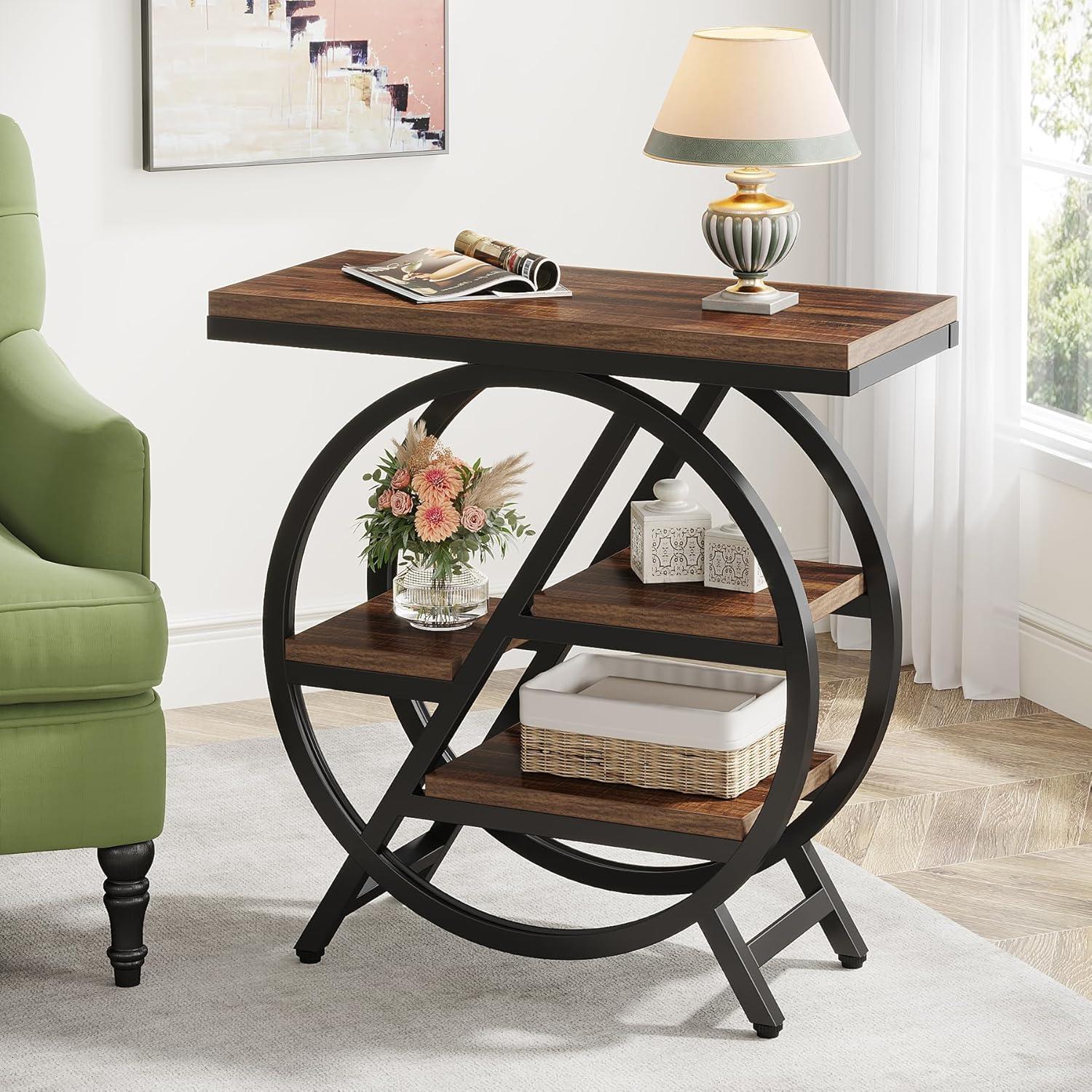 Rustic Brown Wood and Black Metal 3-Tier End Table with Storage