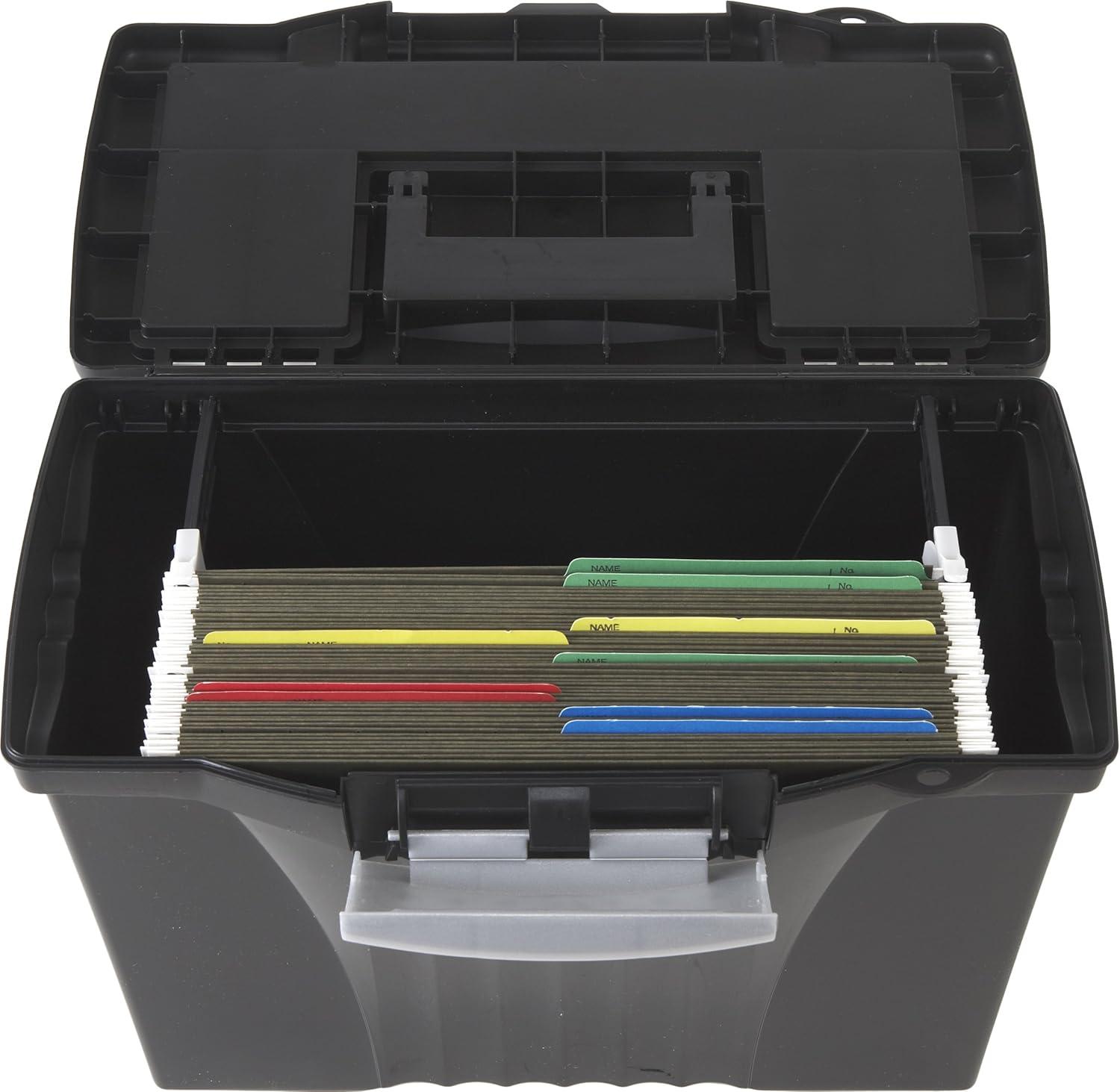 Storex Portable File Box with Organizer Lid, Letter/Legal, Black