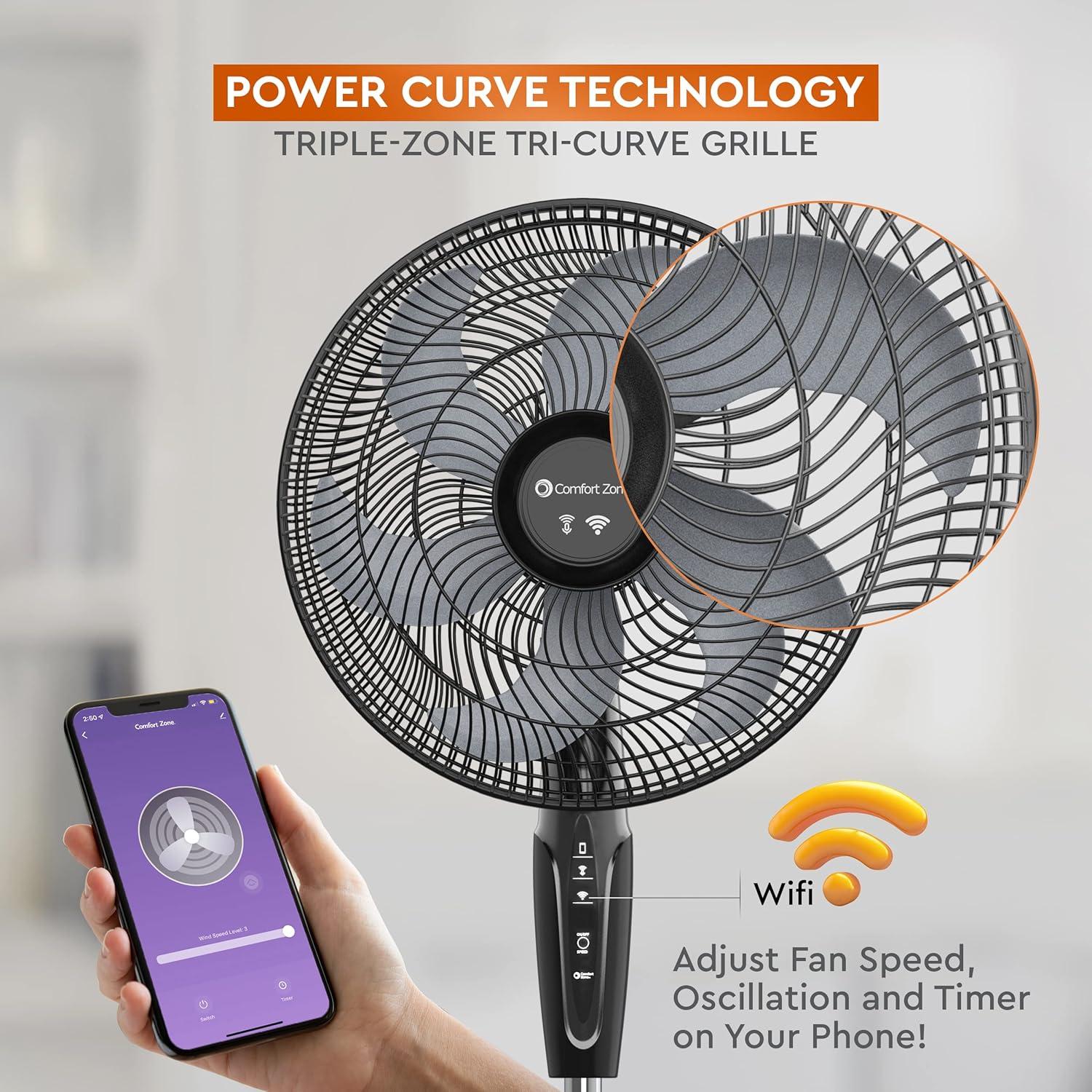 Comfort Zone Smart 18" WiFi Oscillating Stand Fan, Black