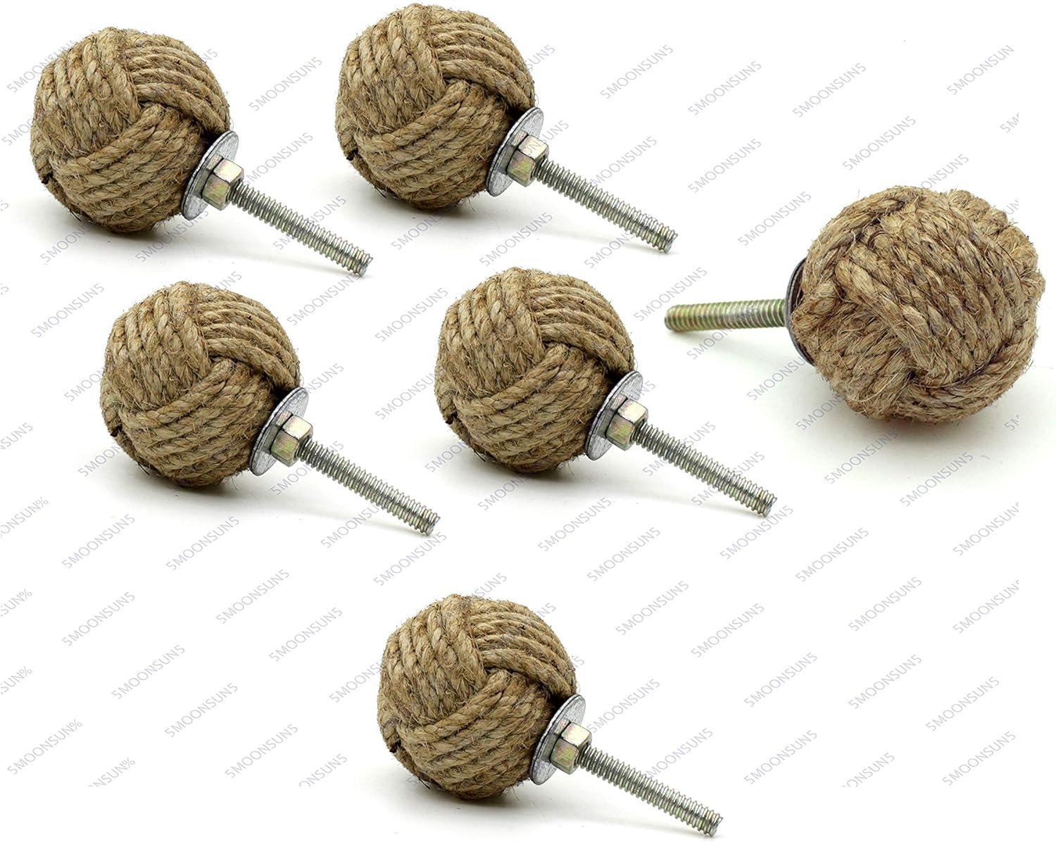 5MoonSun5's Jute Knobs Rope Knot Drawer Pulls and Knobs Pull and Push Handle Knobs for Cabinets, Wardrobes & Kitchen Cupboards Nautical knob Hardware Vintage Decor, 35 mm (Pack of 4)