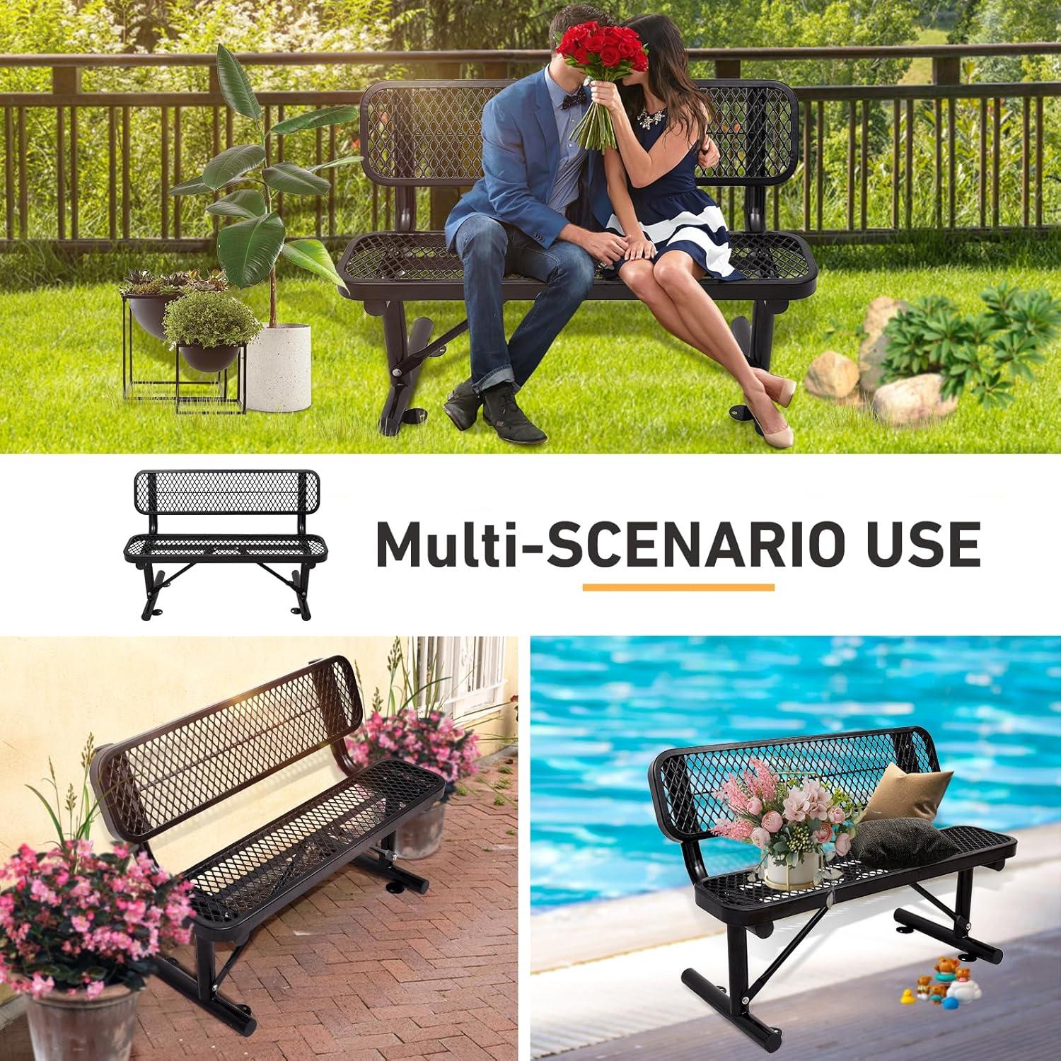 Global Industrial  4 ft. Outdoor Steel Bench with Backrest & Expanded Metal - Black
