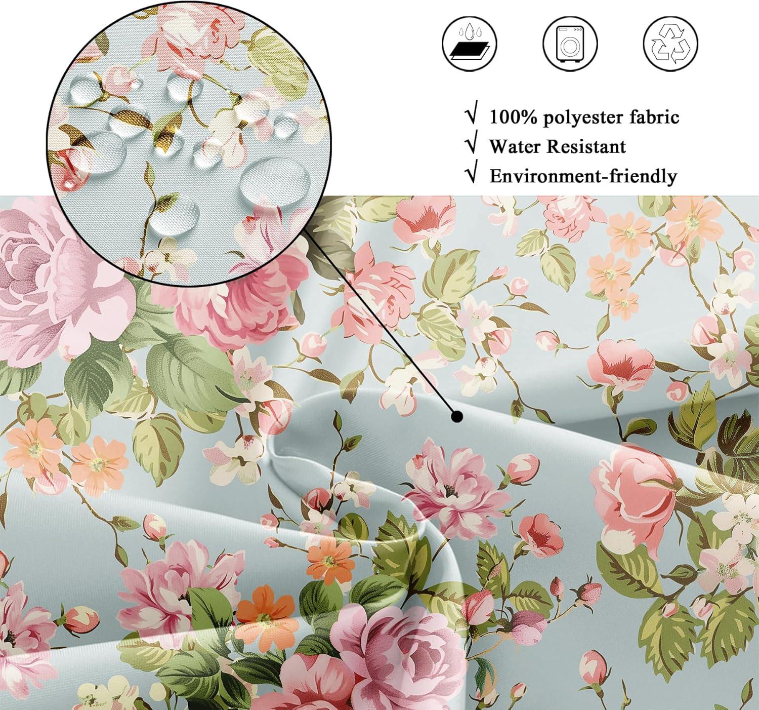 Fabric Pink Flower Shower Curtain for Bathroom 72Wx72H Inch Rose Floral Blooming Green Leaves for Girl Women Bathtub Accessories Decor Rustic Waterproof Fabric Bathroom 12 Pack Hooks WW-NDHC