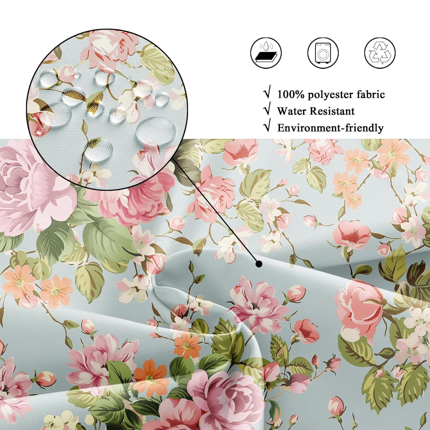 Fabric Pink Flower Shower Curtain for Bathroom 72Wx72H Inch Rose Floral Blooming Green Leaves for Girl Women Bathtub Accessories Decor Rustic Waterproof Fabric Bathroom 12 Pack Hooks WW-NDHC