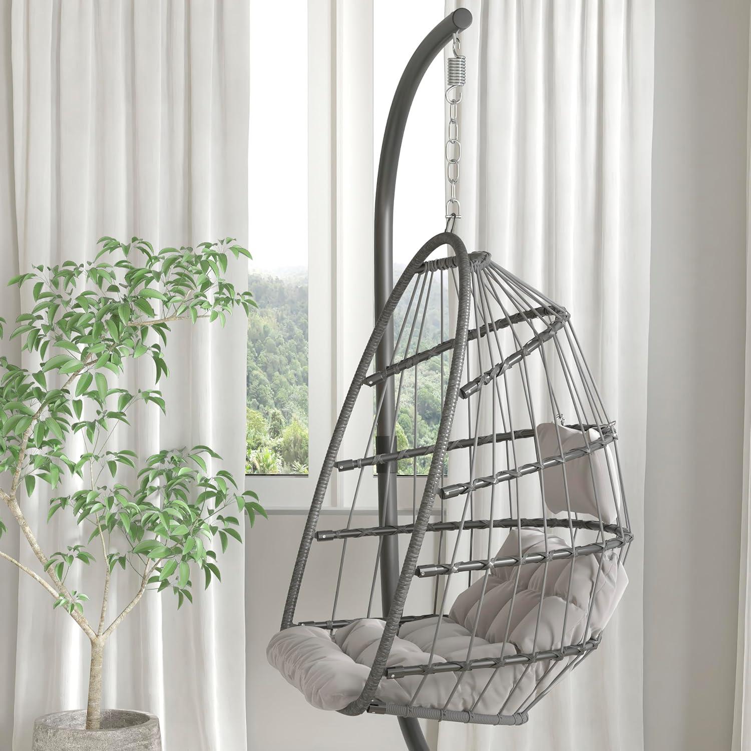 Flash Furniture Cleo Patio Hanging Egg Chair, Wicker Hammock with Soft Seat Cushions & Swing Stand, Indoor/Outdoor Gray Frame-Gray Cushions