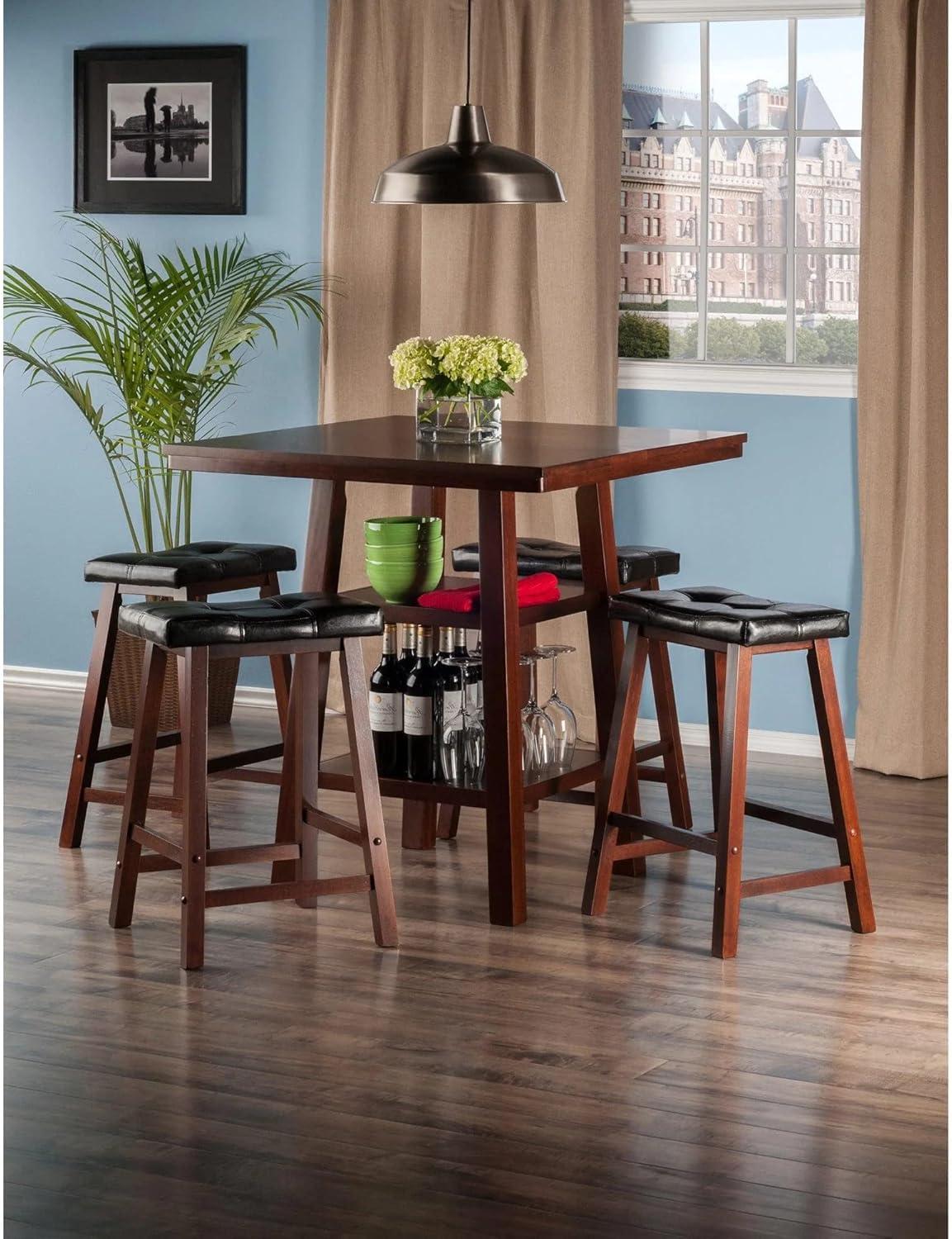 Walnut Square High Table & 4 Cushioned Stools Set with Storage Shelves