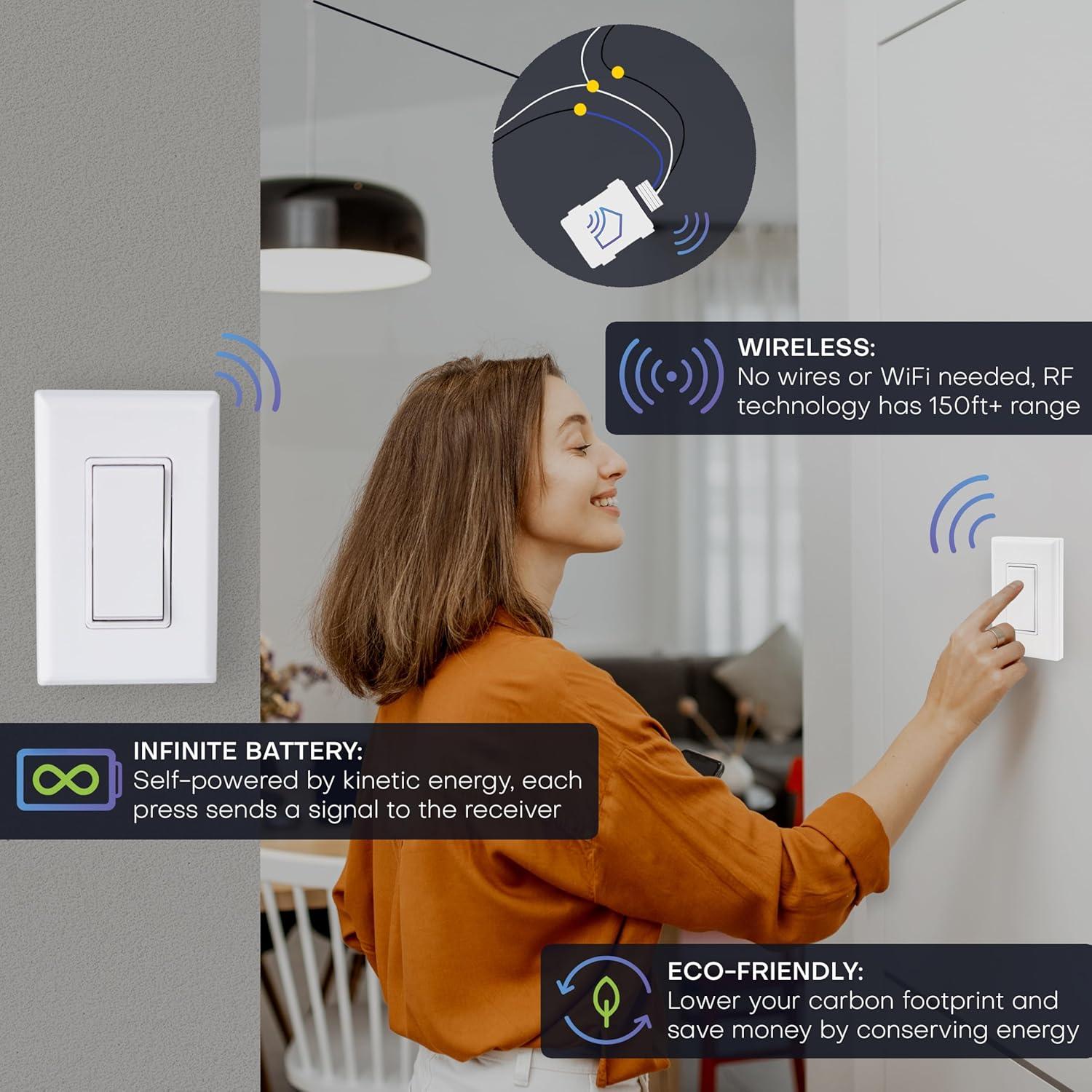 RunLessWire 3-Way On/Off Wireless Battery-Free Remote Light Switch Kit 150ft Range - Light Almond