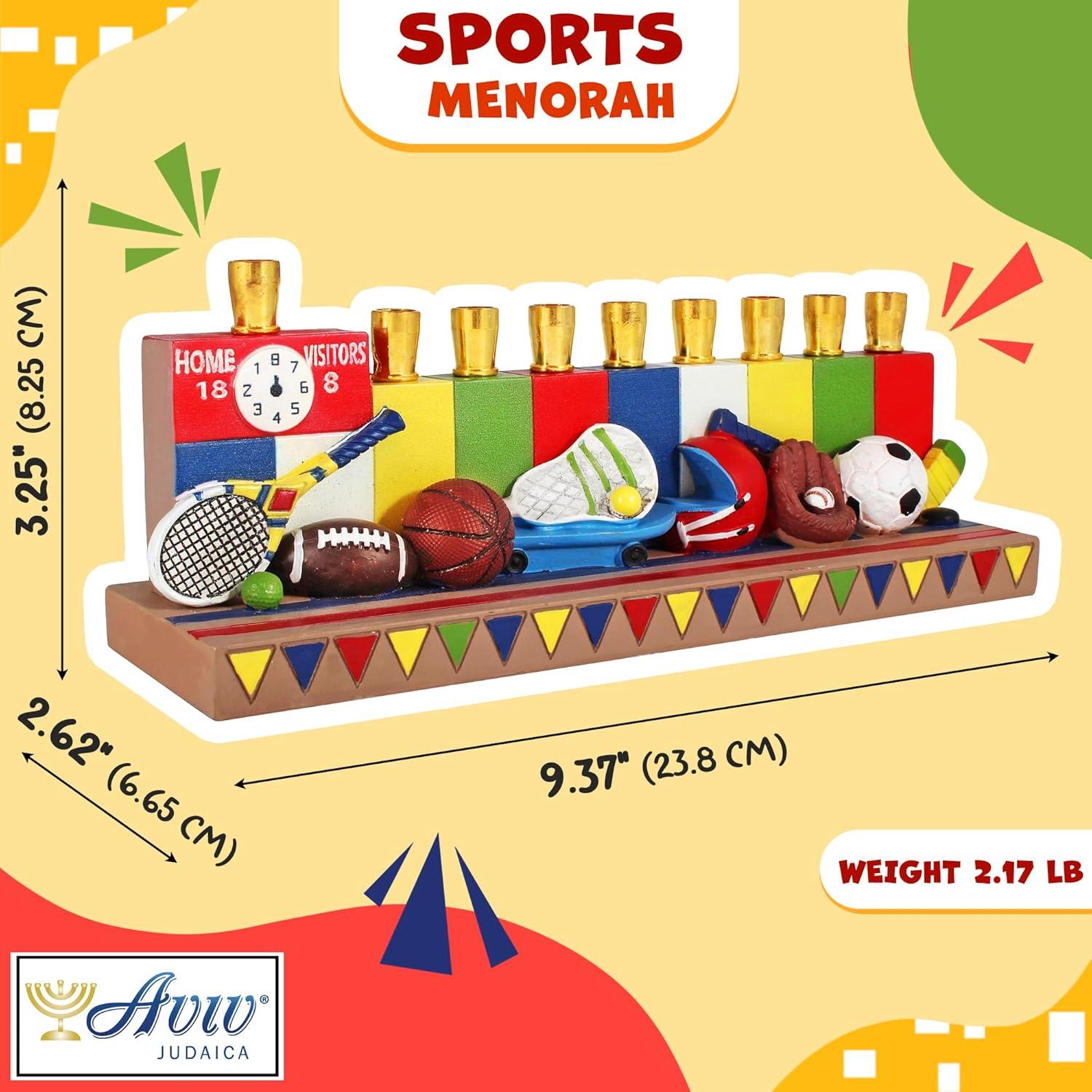 Aviv Judaica Hanukkah Sports Menorah for Kids Polyresin Chanukah Candles Menorah for Children 3D Sculptured Boys & Girls Ball Games Hanukkiah Baseball Hanukkiah Basketball Chanukiah Football Minorah