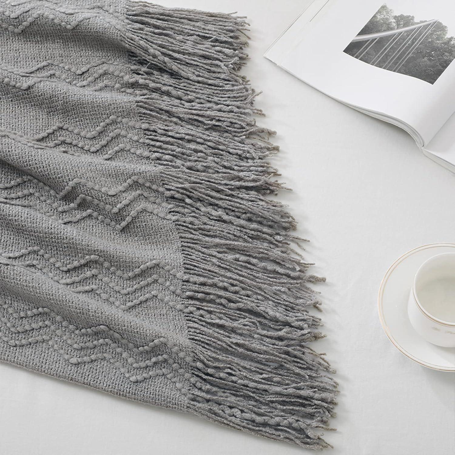 Gray Knitted Acrylic Throw Blanket with Fringe, 50" x 60"