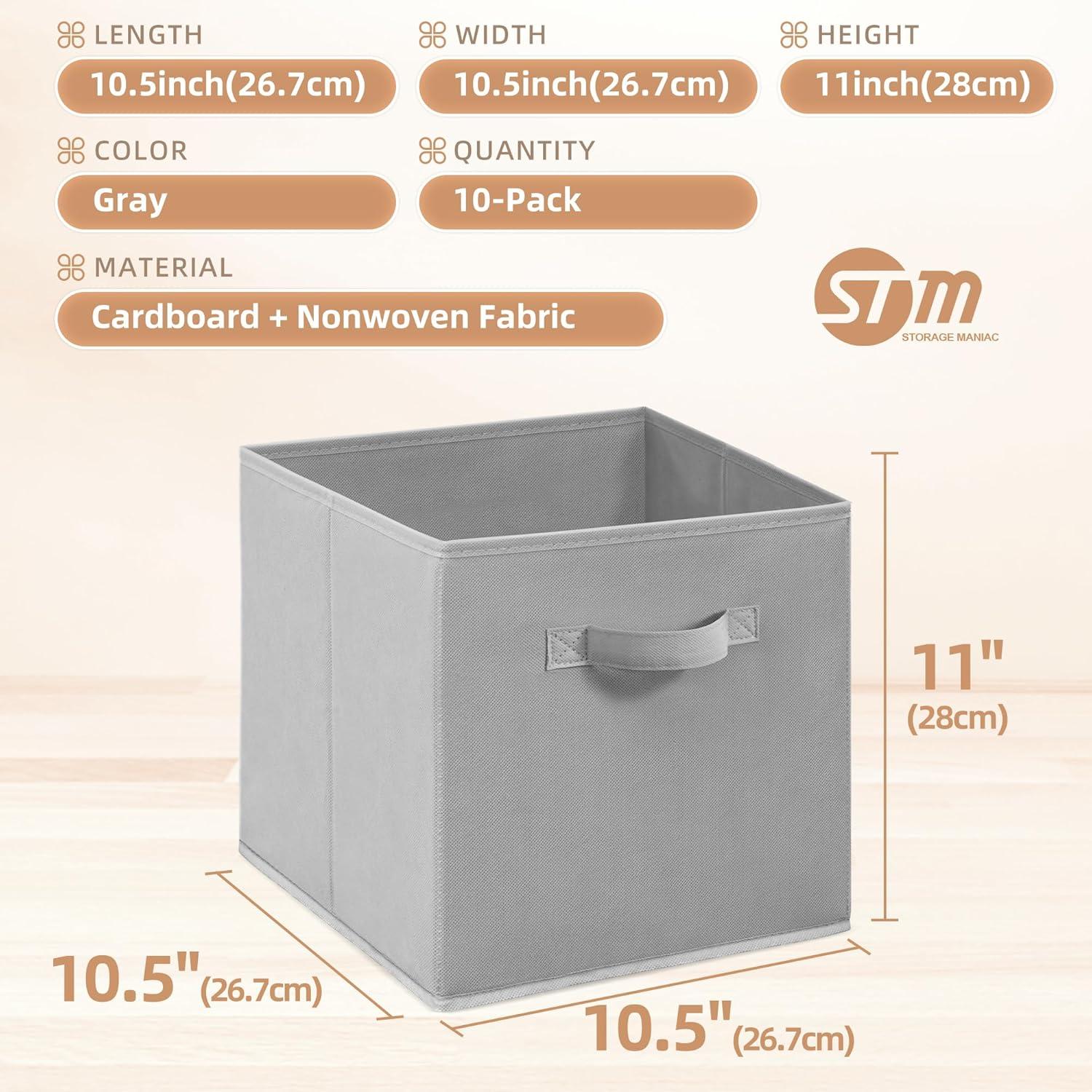 11 Inch Fabric Storage Cubes with Dual Handles, Collapsible Cube Bins for Shelves (10 Pack), Foldable Baskets for Clothes, Closet Organizers and Storage Box (Grey)