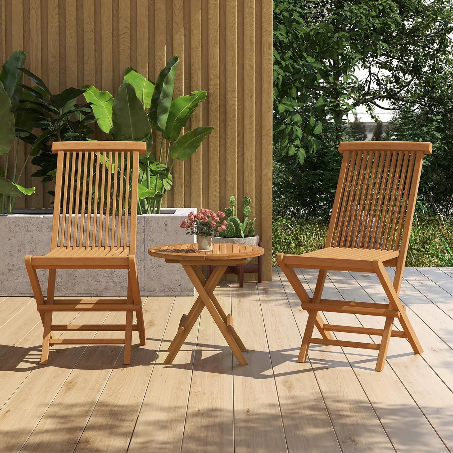 Teak High-Back Slatted Folding Outdoor Chairs, Set of 2