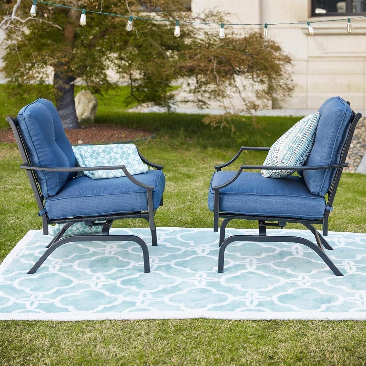 Blue Cushioned Black Steel Rocking Dining Chairs Set