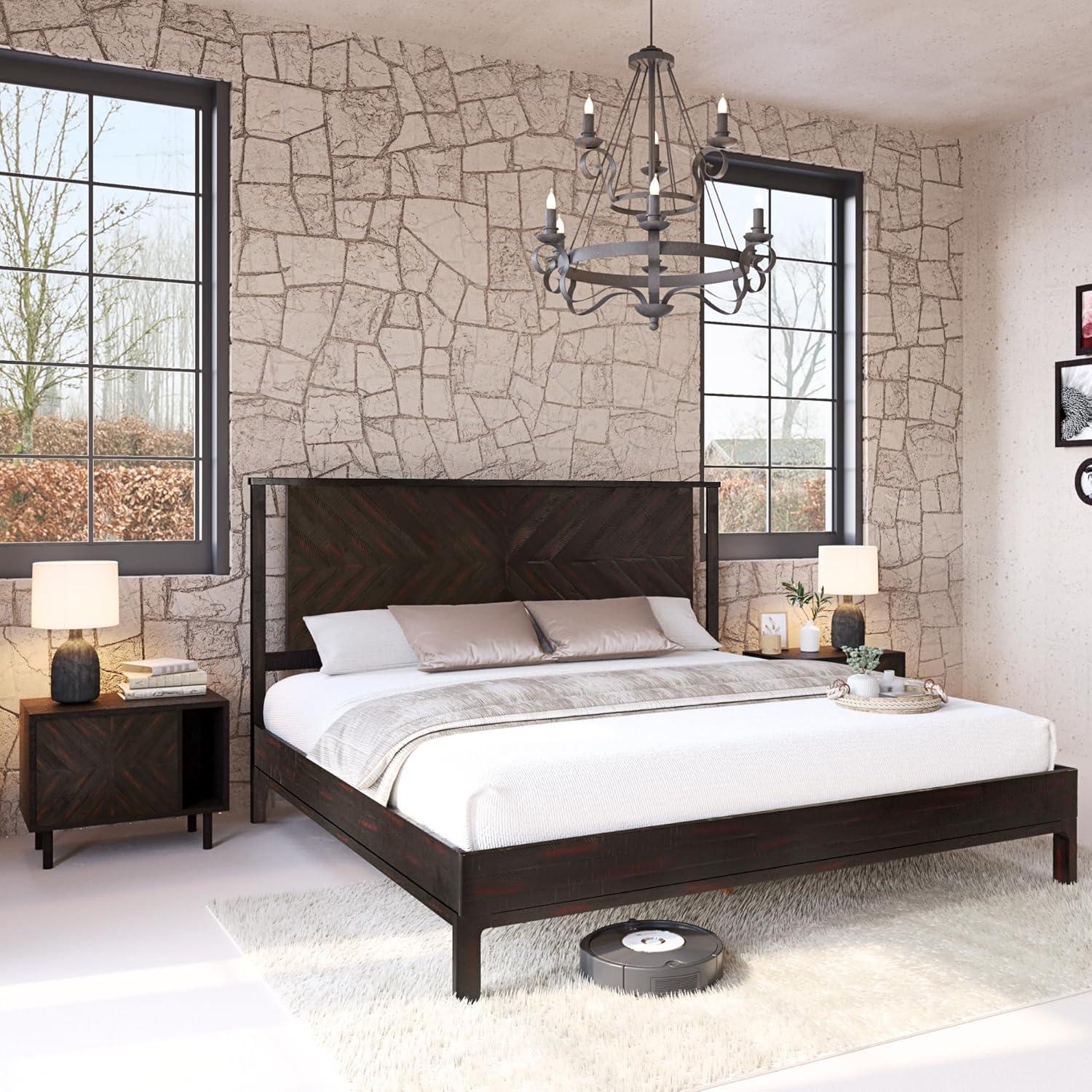 Vivian Solid Wood Bed with Headboard, Rustic Black Wood Bed Frame