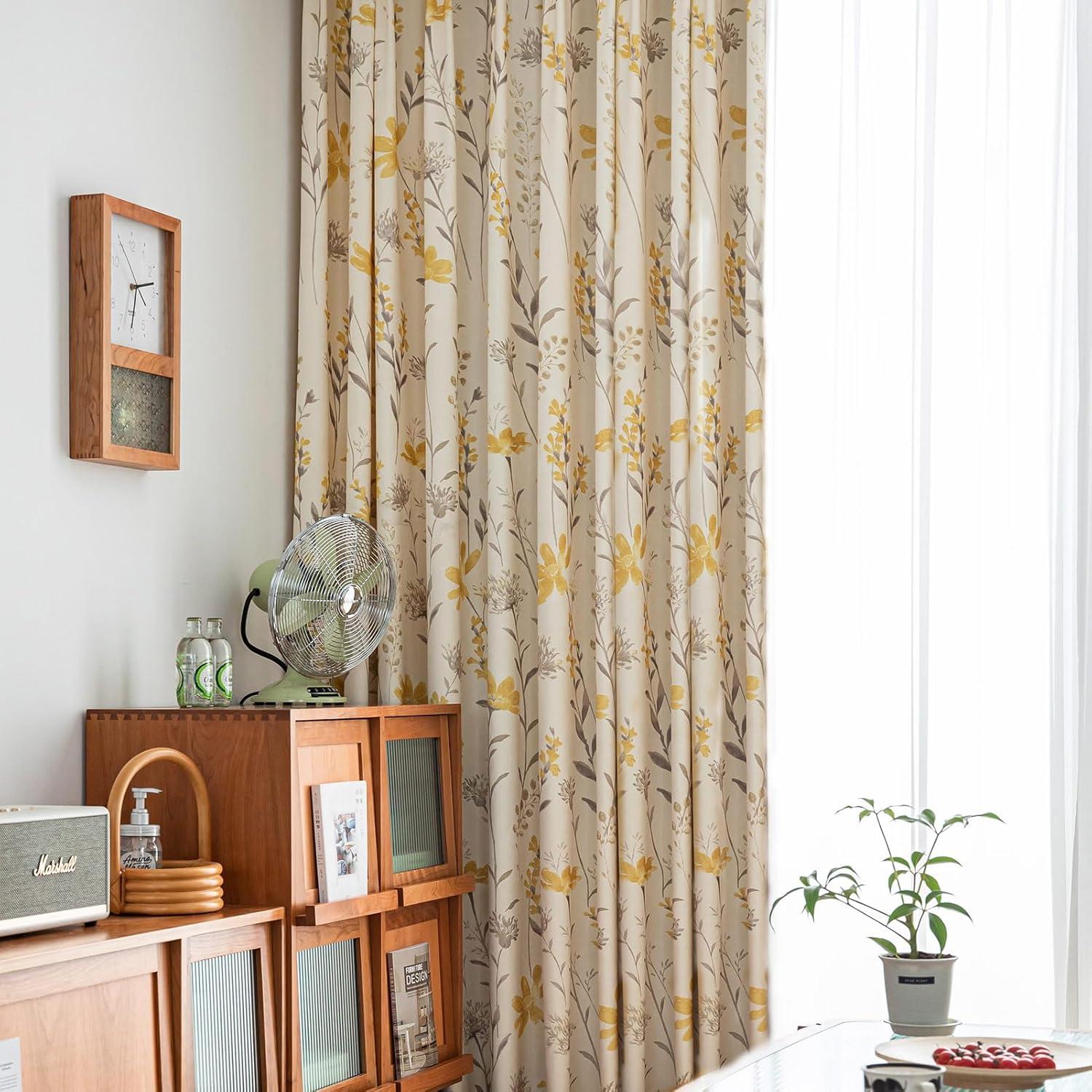 Yellow Floral Grommet Polyester Light-Filtering Drapes, 96"