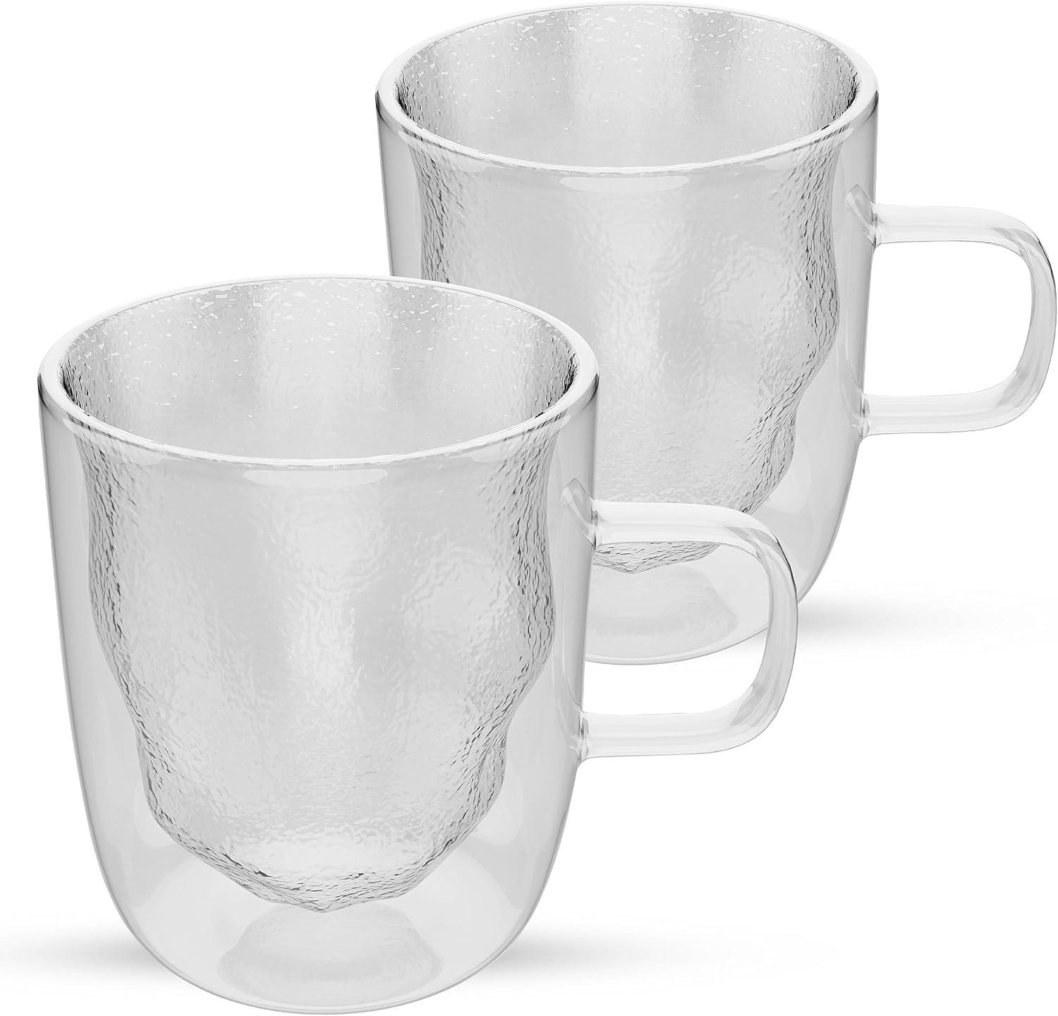 Elle Decor Set of 2 Insulated Coffee Mugs, 13-Oz Double Wall Crushed Design Glasses, Clear