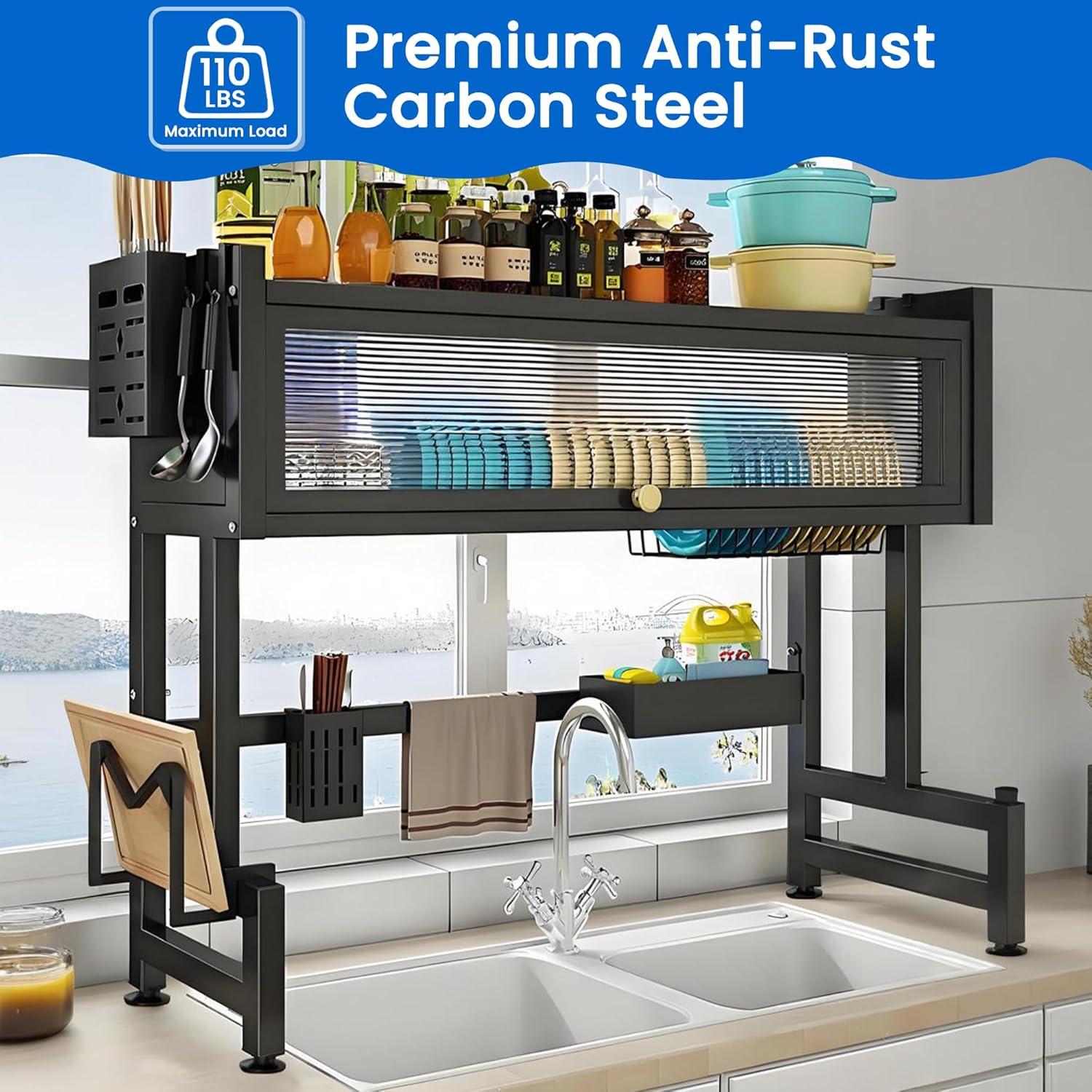PAVORA 3 Tier Above Sink Dish Drainer Drying Rack, 33.5” Above Sink Dish Rack for Small Kitchens, Space Saving Drying Racks
