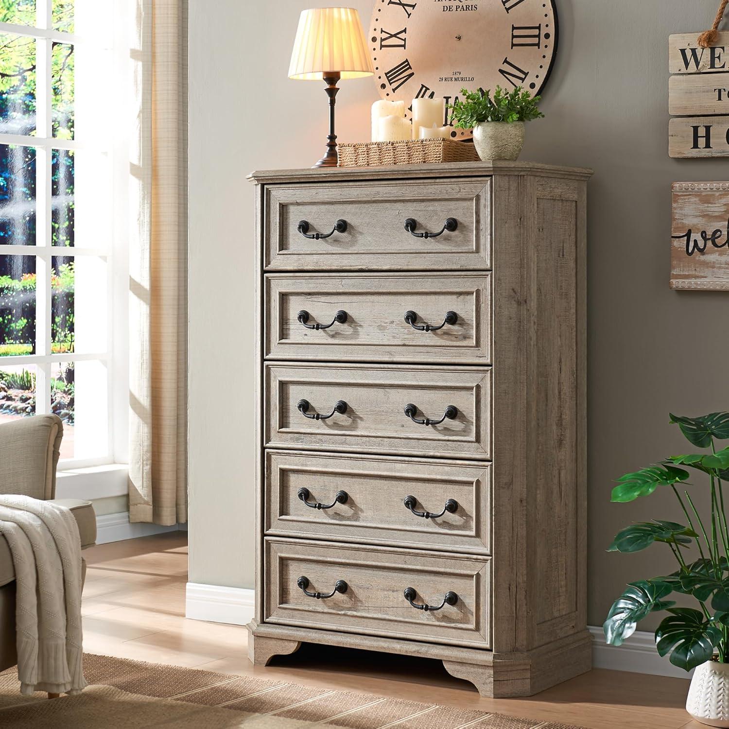 Laurel Foundry Modern Farmhouse® Theron Farmhouse 5 Drawer Bedroom Dresser, Wood Tall Chest of Drawers, Closet Storage for Bedroom