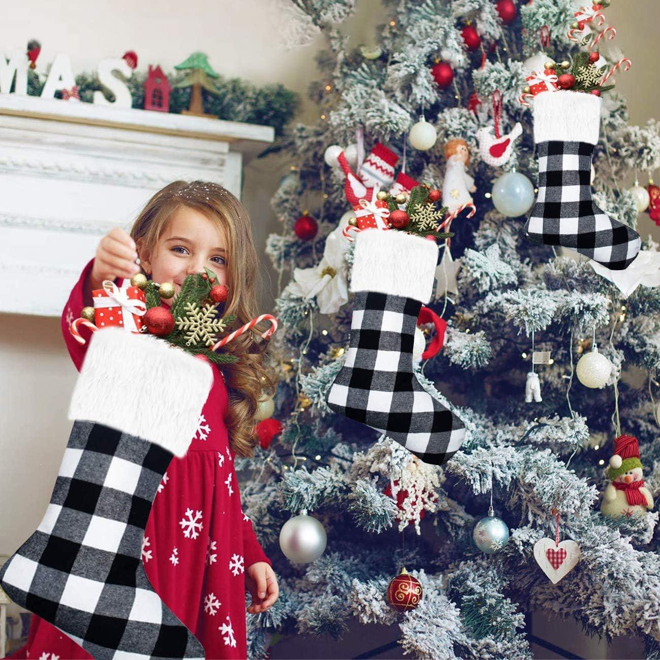 Christmas Stockings- 4 Pcs 18inch Buffalo Plaid Christmas Stockings with Plush Faux Fur Cuff, Classic Large Christmas Stockings Decorations for Family Christmas Holiday Party (Black and White)