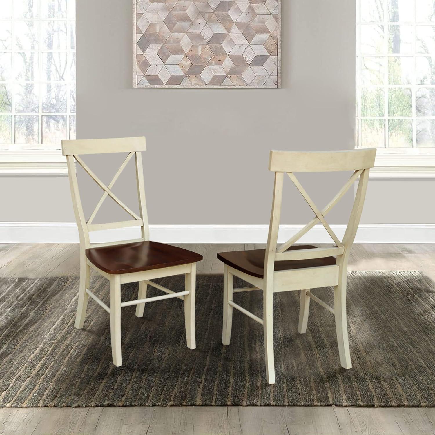 Set of 2 X Back Chairs with Solid Wood Seats Antiqued Almond/Espresso - International Concepts: Hardwood High Back Dining Furniture