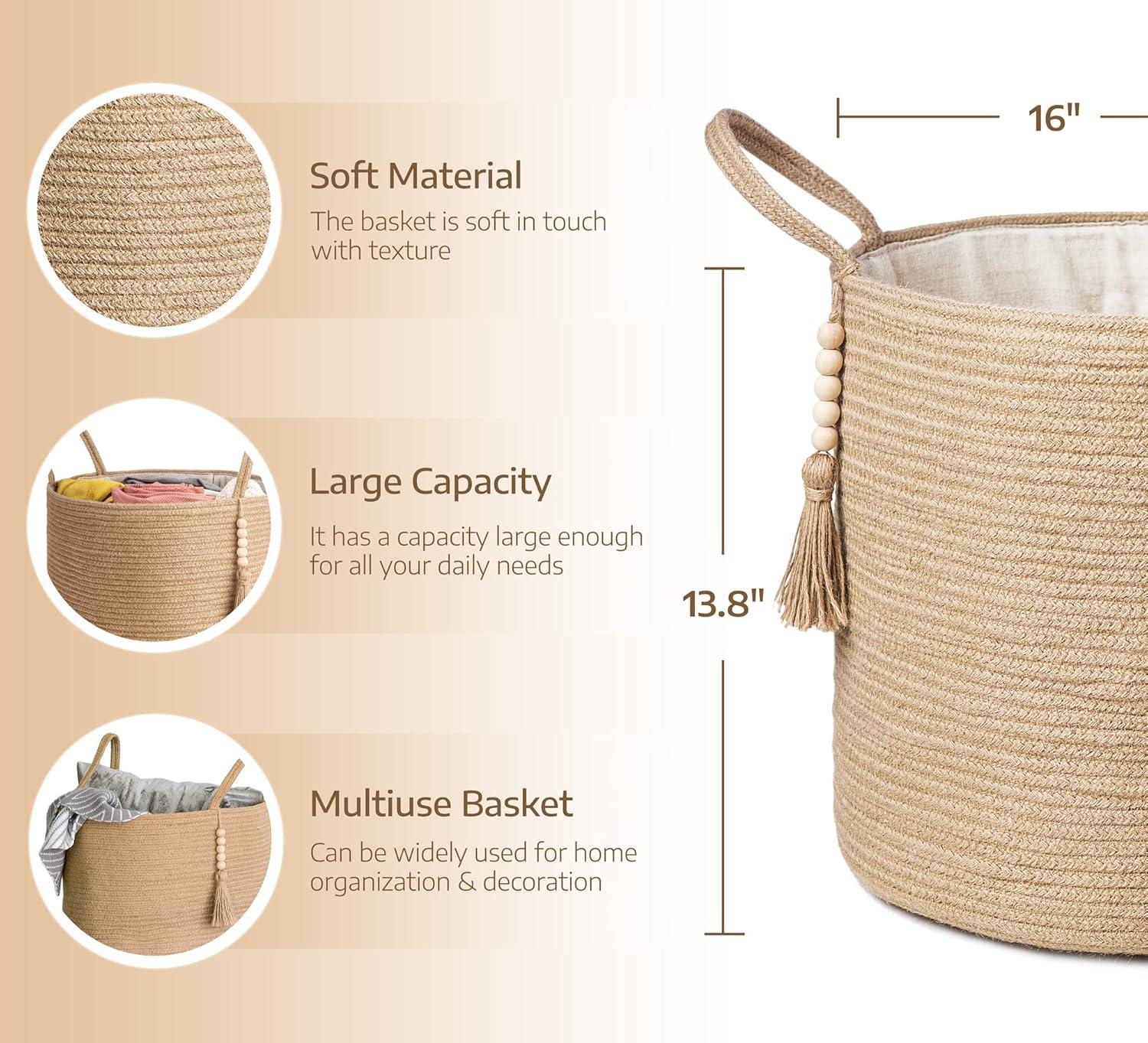 Wehilion Woven Storage Basket Decorative Natural Rope Basket Wooden Bead Decoration for Blankets,Toys,Clothes,Shoes,Plant Organizer Bin with Handles Living Room Home Decor, 16"x13"