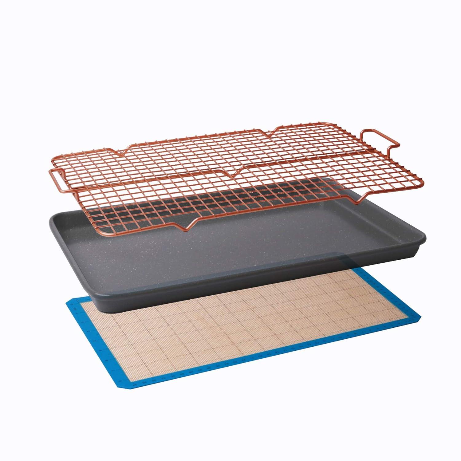 Silver Granite Non-Stick Cookie Sheet Set with Cooling Grid and Silicone Mat
